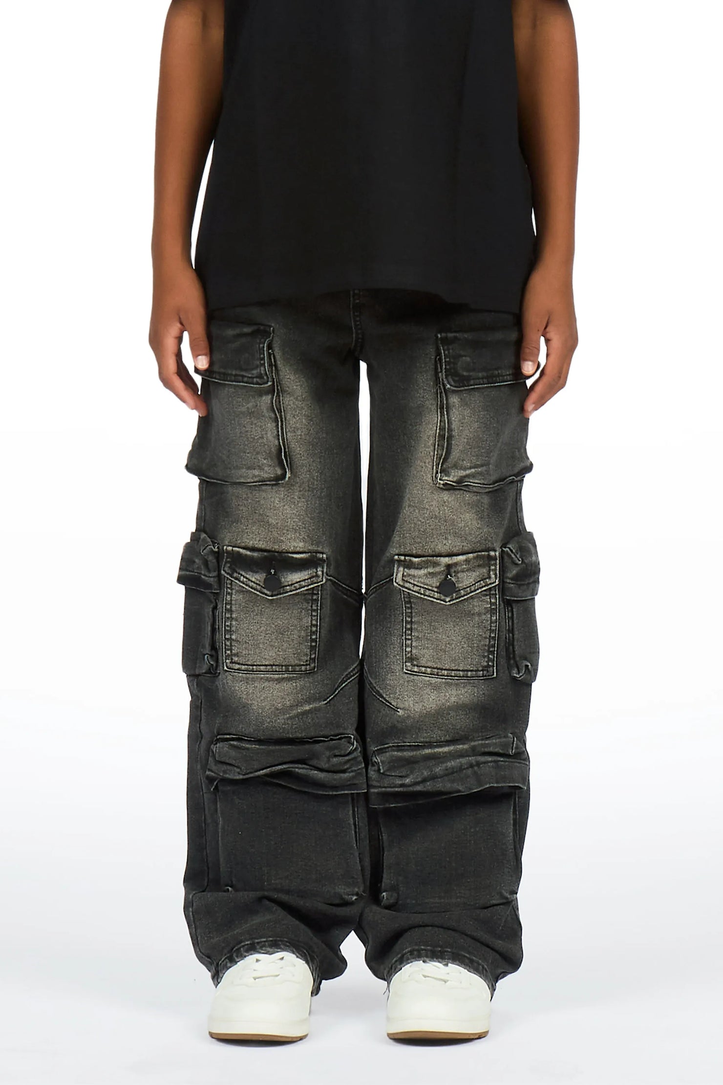 Boys Mahesh Dark Grey Tint Wash  Baggy Cargo Jean