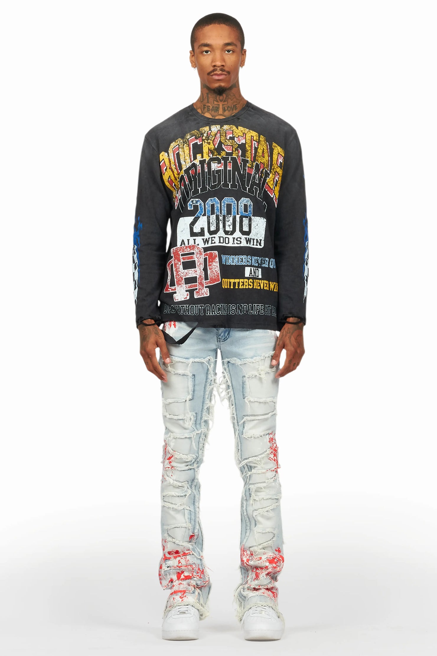 Kodak Blue/Red Painter Stacked Flare Fringe Jean