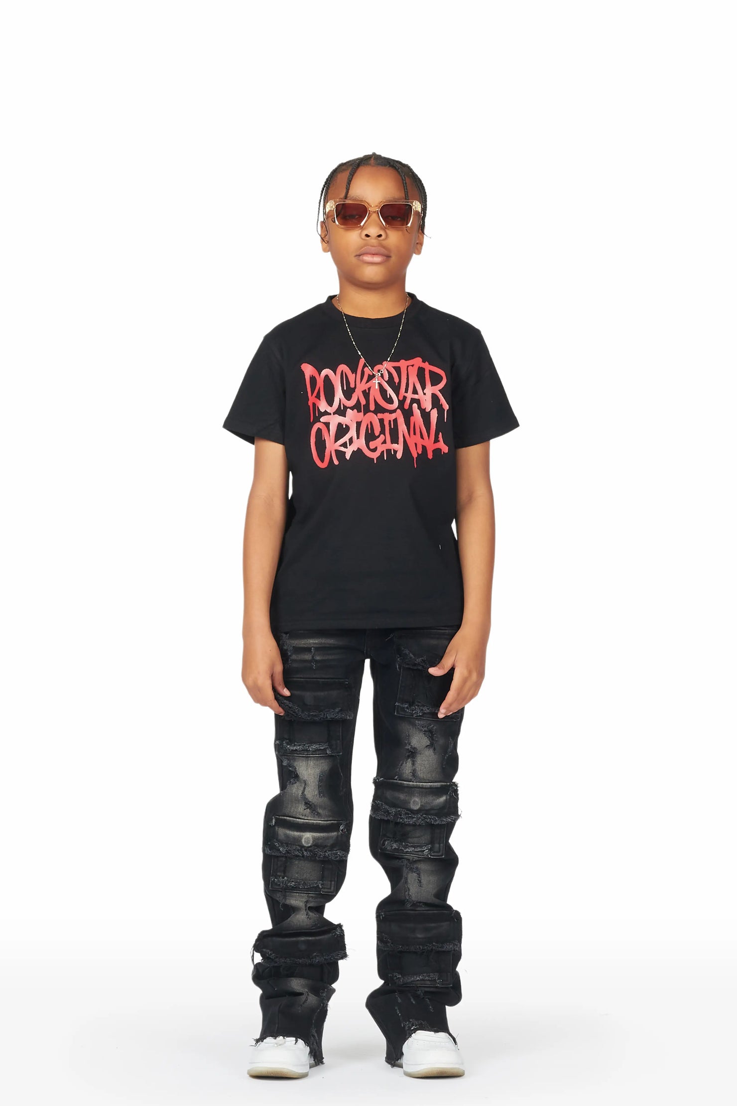 Boys Badar Black T-Shirt/Super Stacked Flare Jean Set