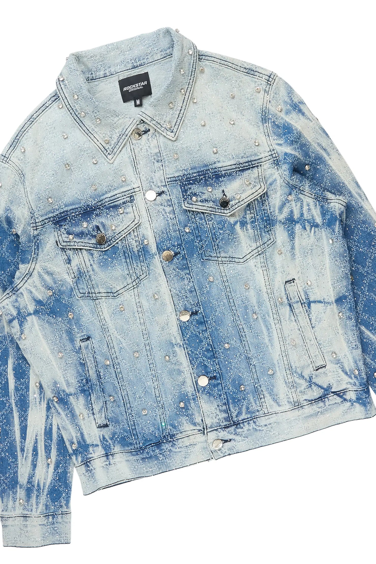 Glit Dark Blue Rhinestone Denim Jacket/Stacked Flare Jean Set