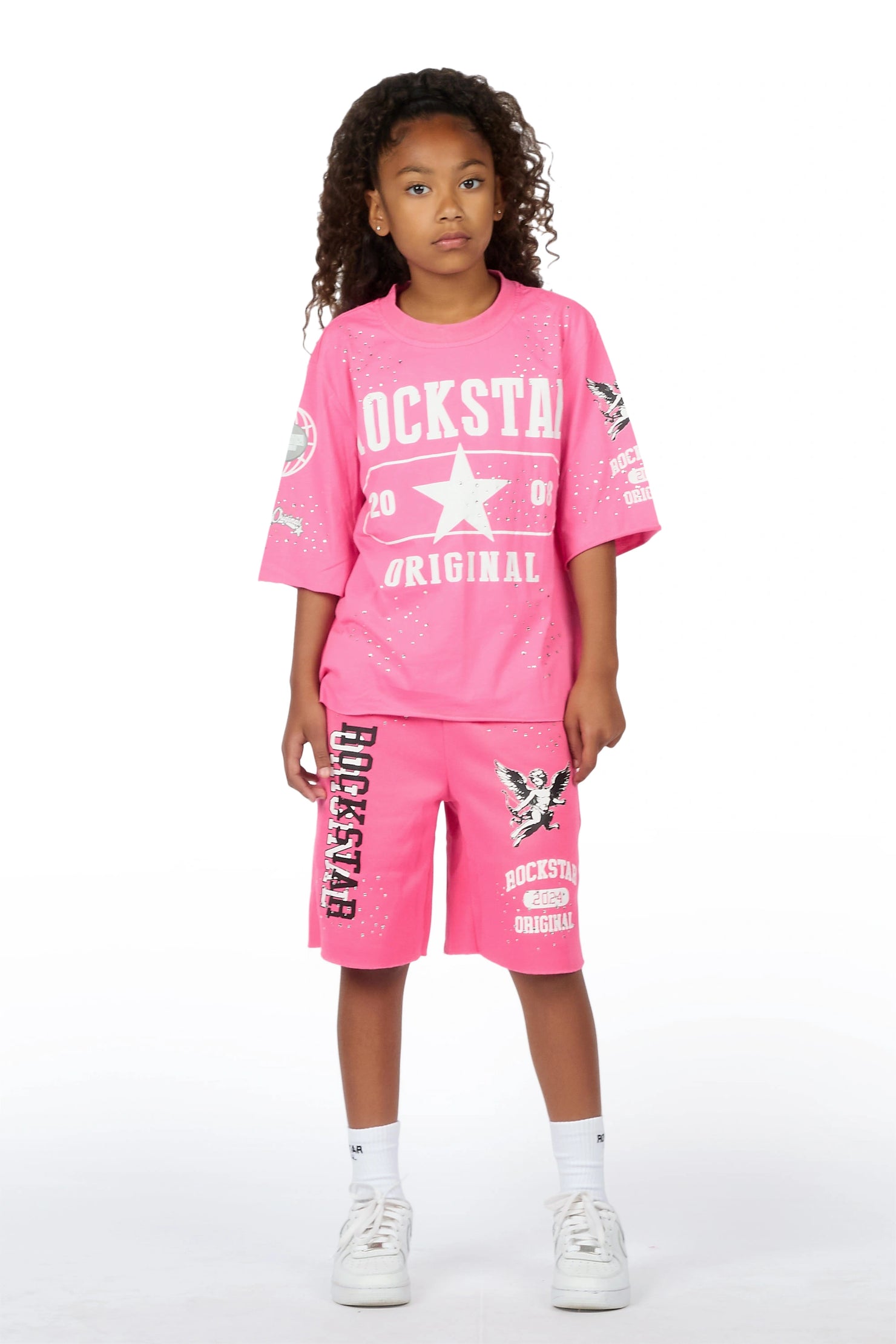 Girls Kyesha Hot Pink Rhinestone Boxy T-Shirt Short Set
