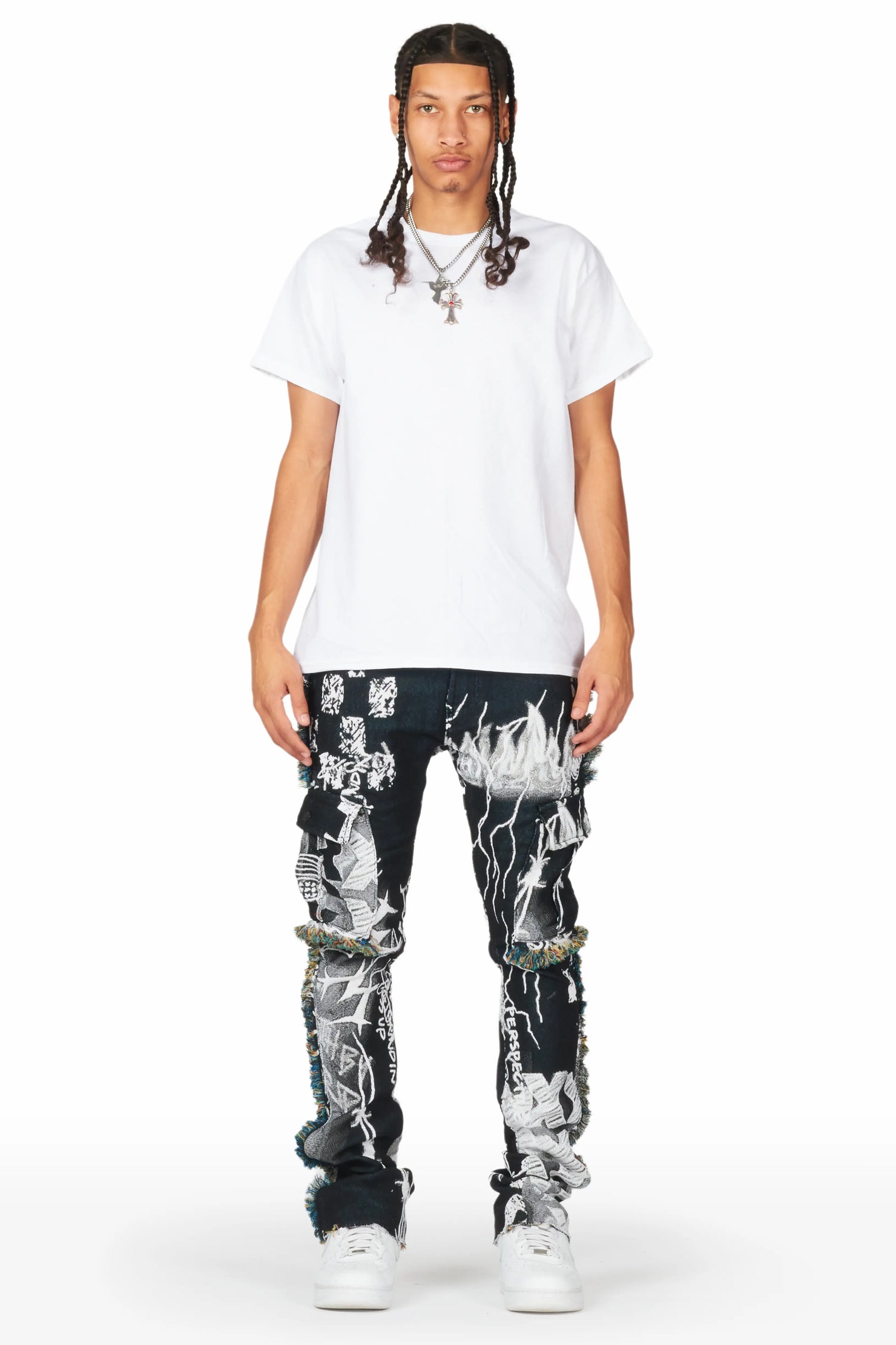 Zane Black/White Tapestry Stacked Flare Jean