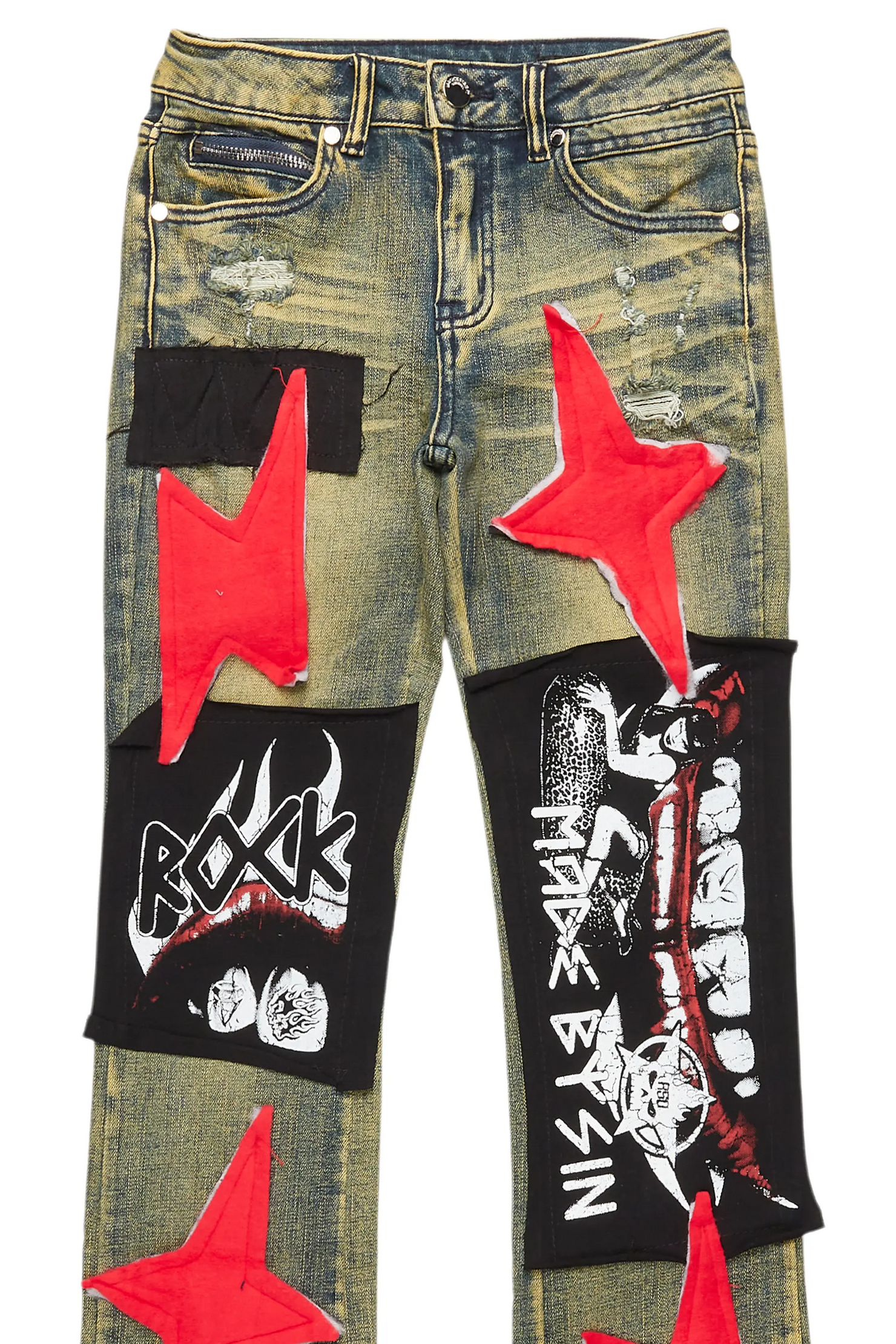 Boys Vadim Blue Patchwork Stacked Flare Jean