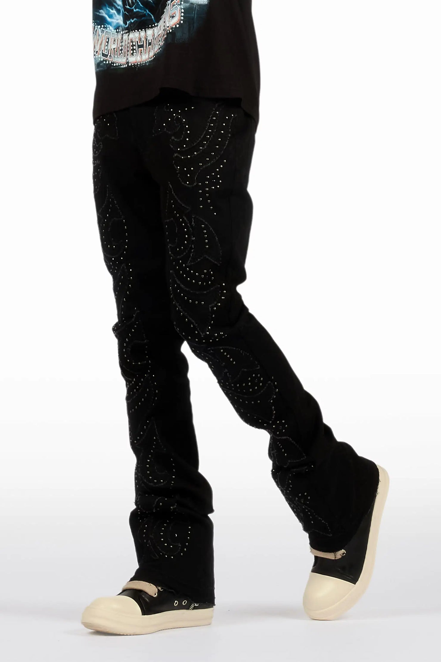 Westy Studded Jet Black Stacked Flare Jean