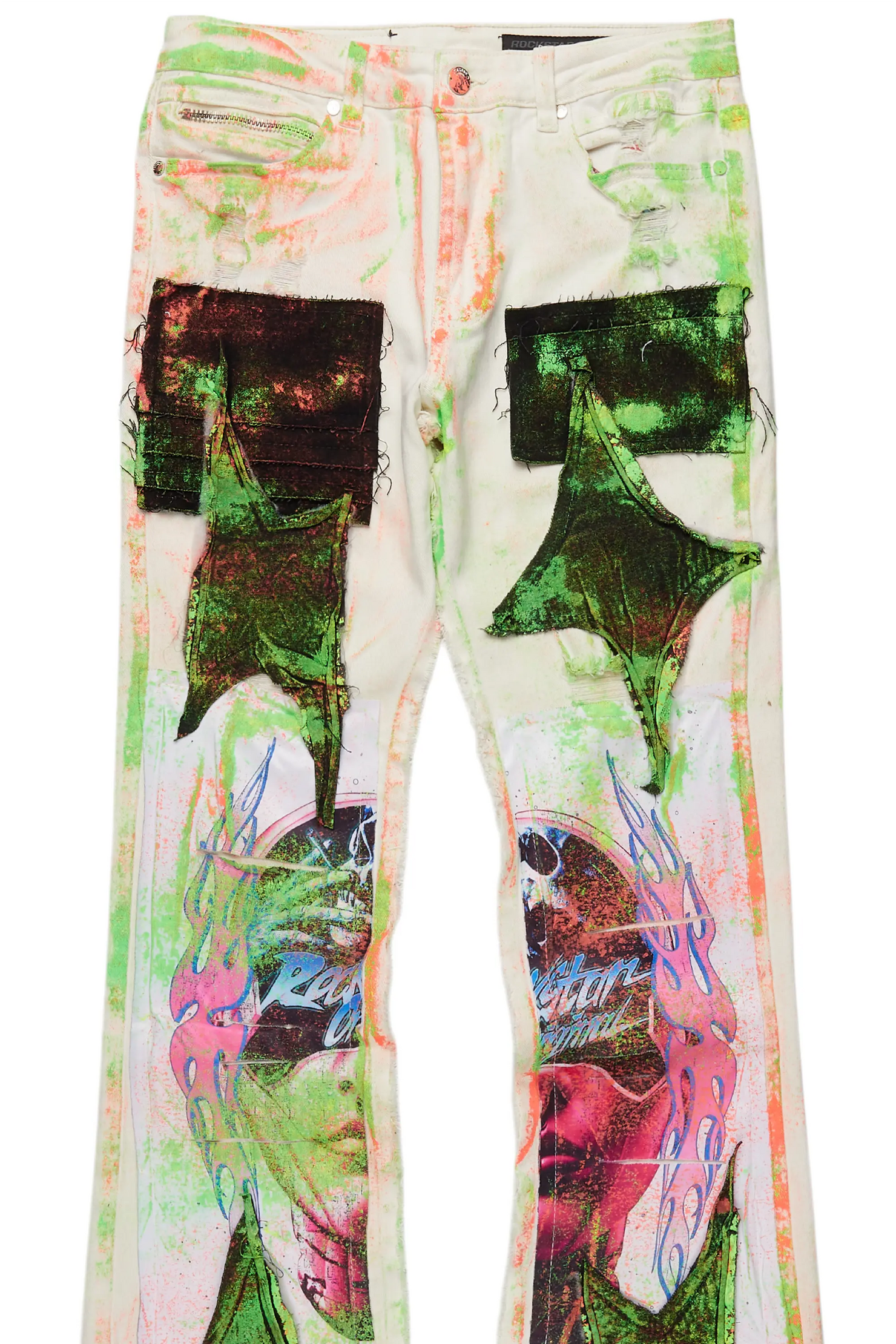 Helki Beige/Green Roller Paint Stacked Flare Jean