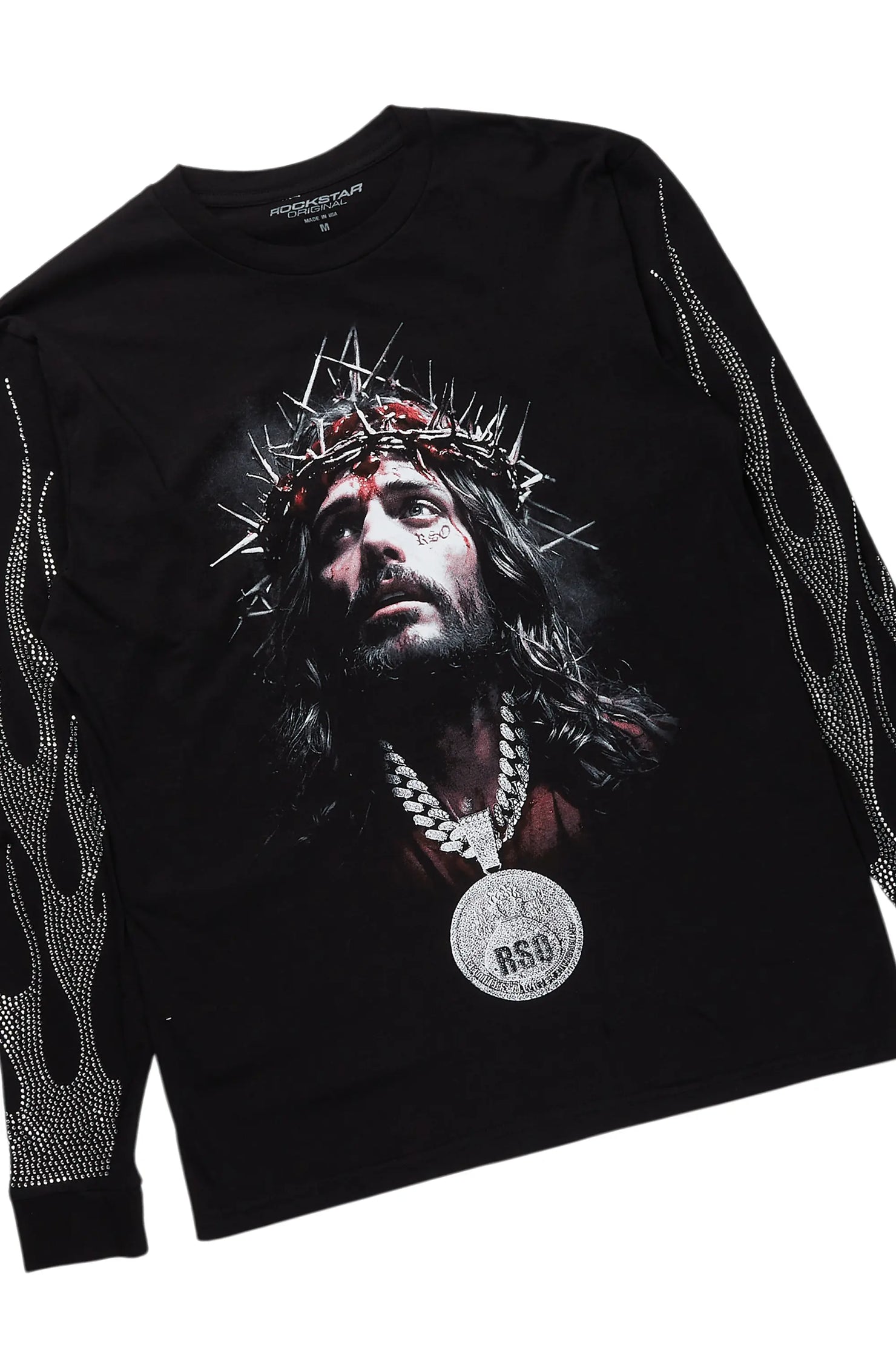 Amina Black Rhinestone Long Sleeve T-Shirt/Super Stacked Flare Jean Set