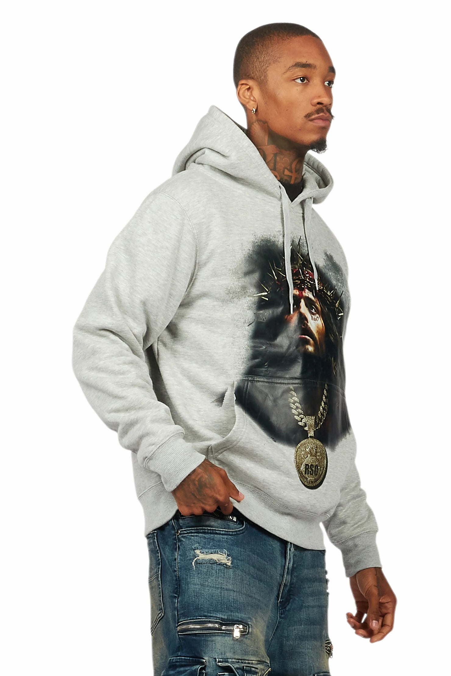 Amina Heather Grey Distressed Graphic Hoodie