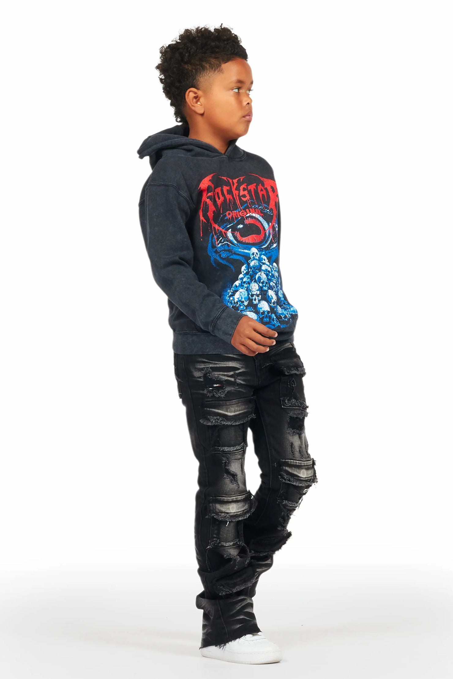 Boys Vicious Vintage Black Hoodie/Stacked Flare Jean Set