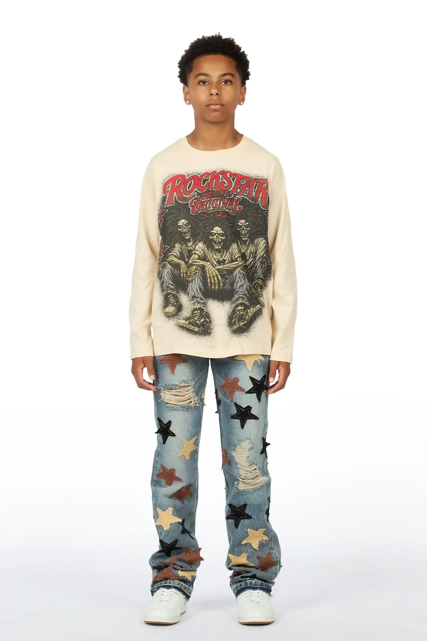 Boys Wilder Sand/Blue Long Sleeve T-shirt Patchwork Jean Set