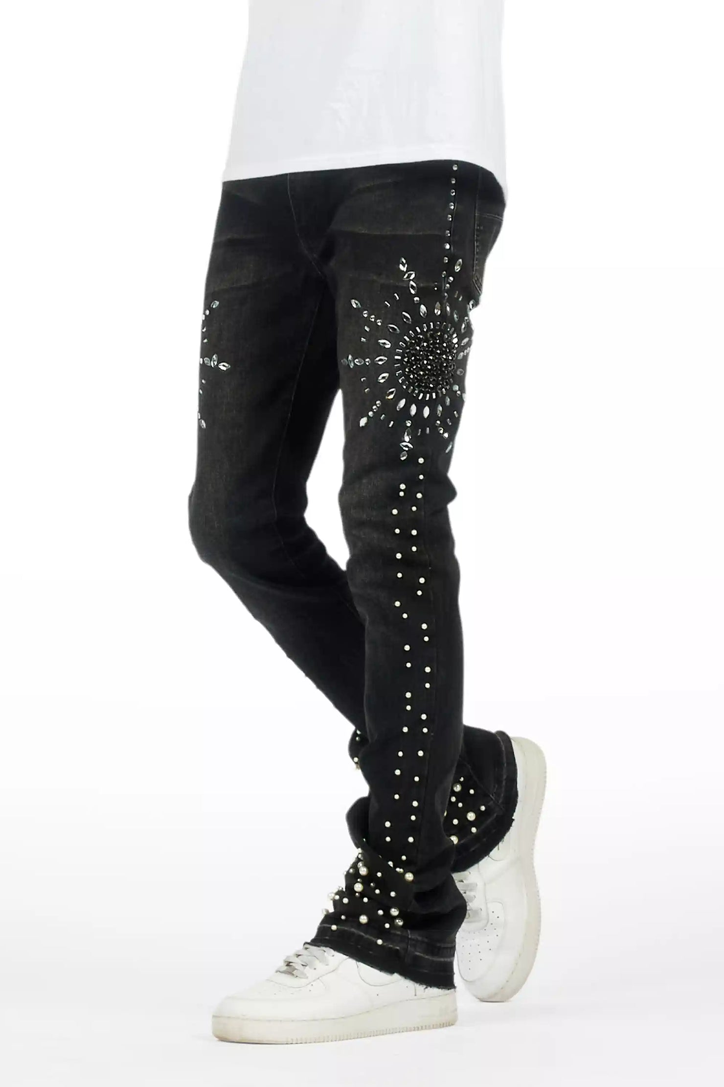 Tryst Dark Grey Rhinestone Stacked Flare Jean