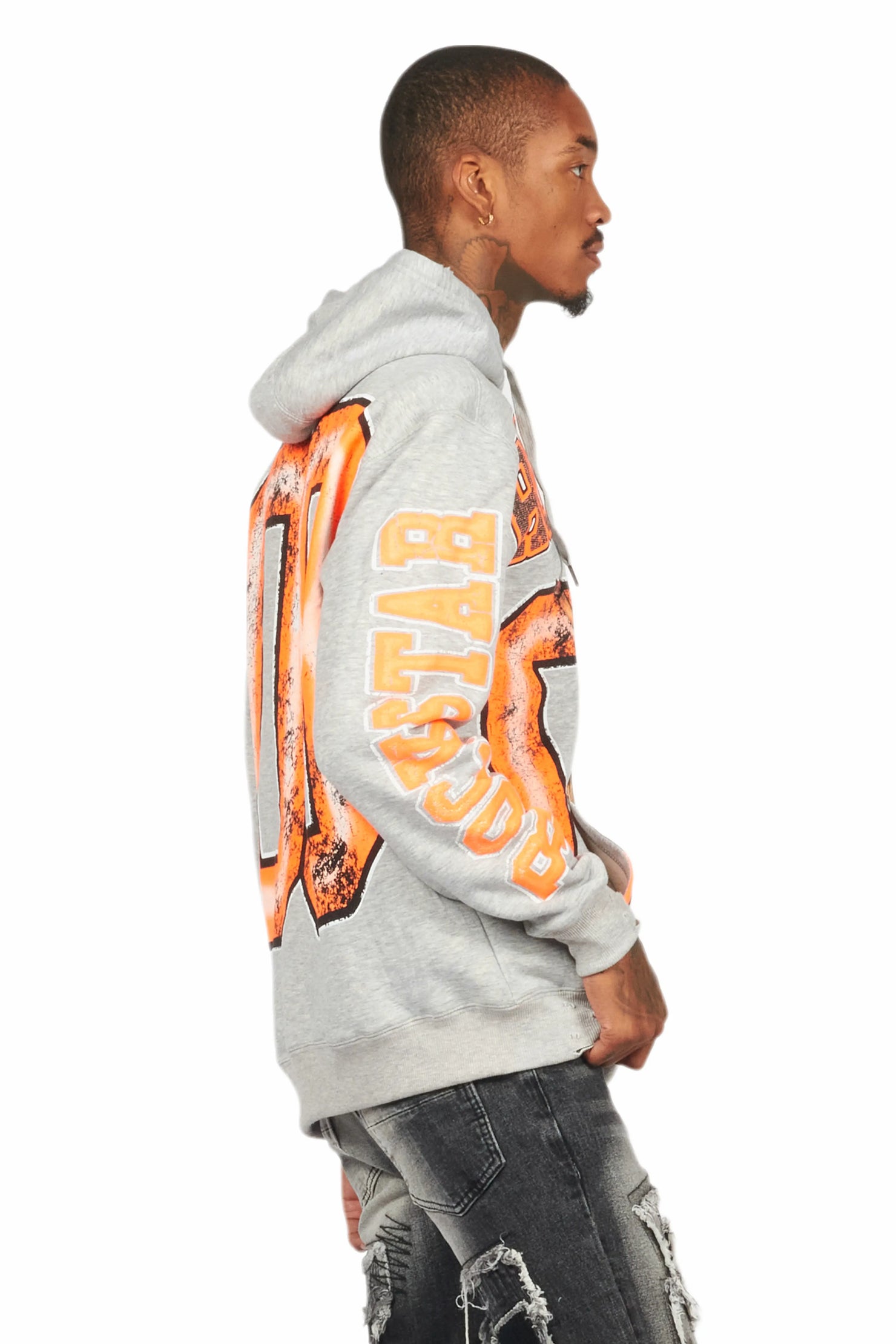 Fields Grey/Orange Distressed Graphic Hoodie