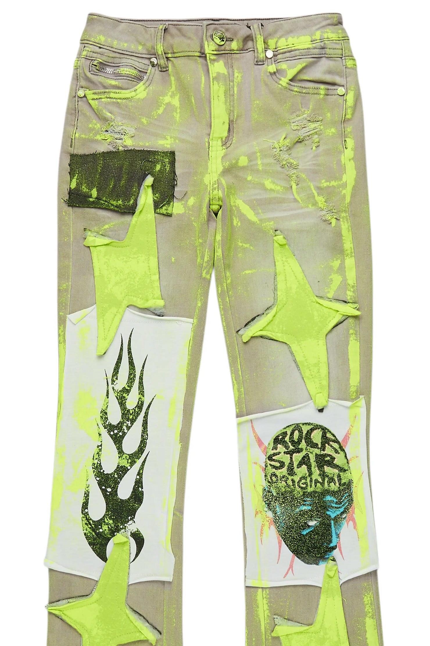 Boys Edge Grey/Yellow Roller Paint Stacked Flare Jean