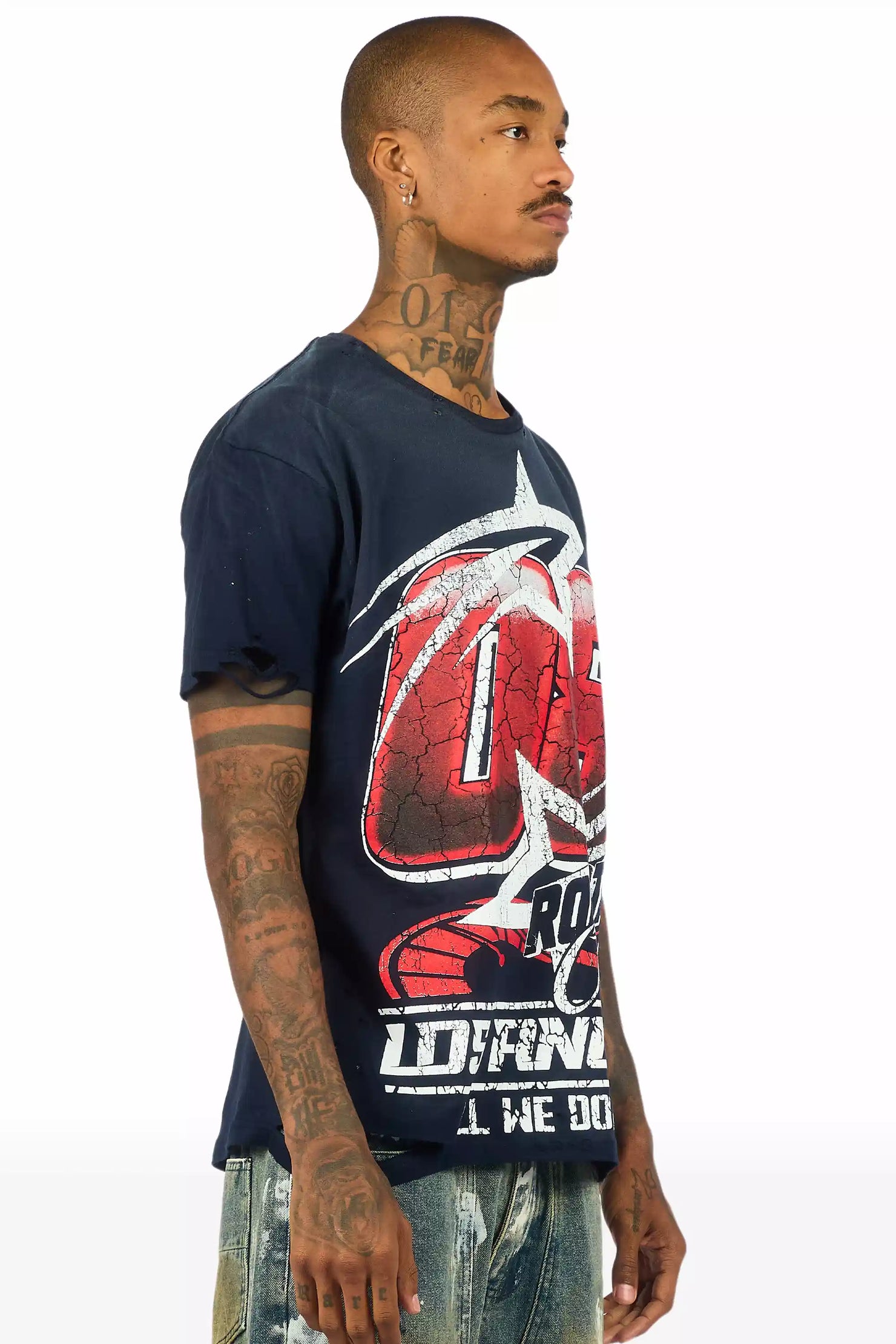 Kastell Navy/White Oversized Distressed Graphic T-Shirt