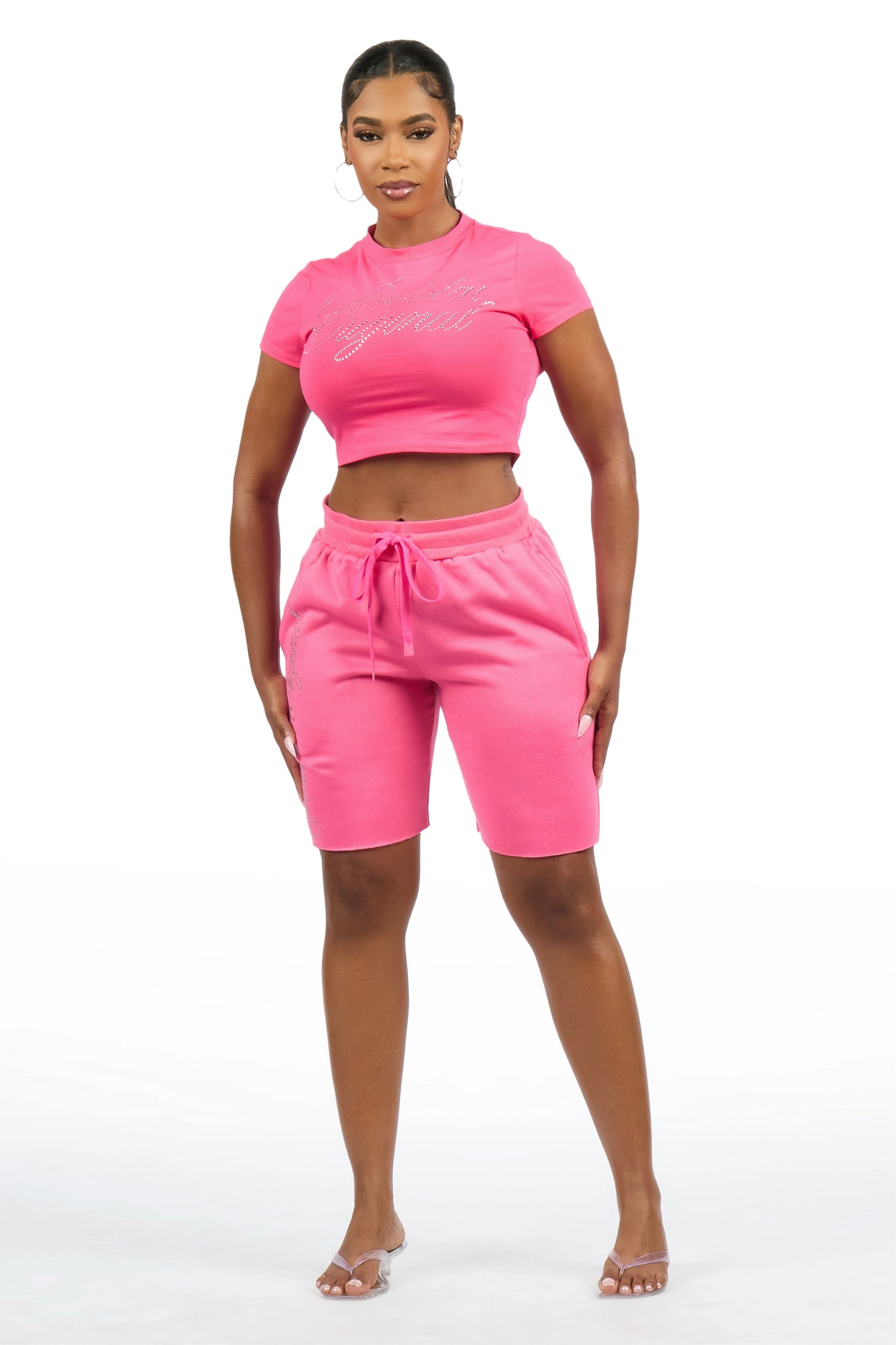 Taiesha Hot Pink Rhinestone T-Shirt Short Set