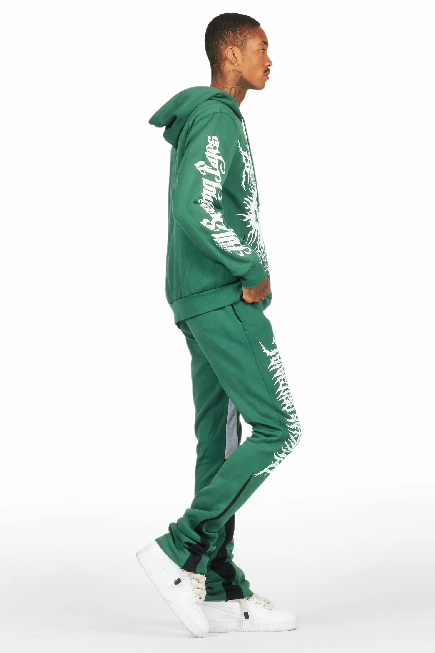 All Seeing Eyes Dark Green Stacked Flare Track Pant Set