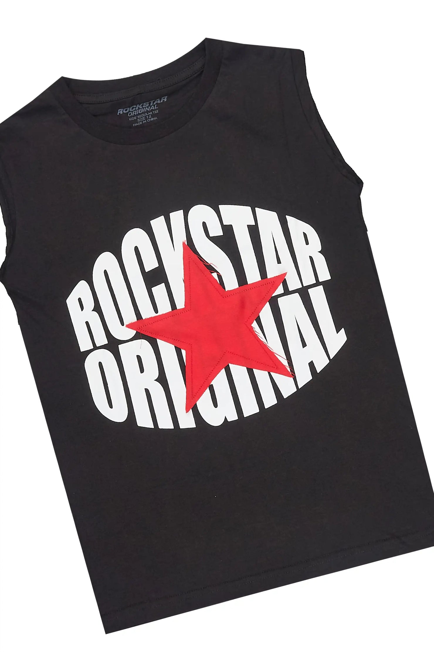 Boys Ezra Black Cut Off T-Shirt Stacked Jean Set