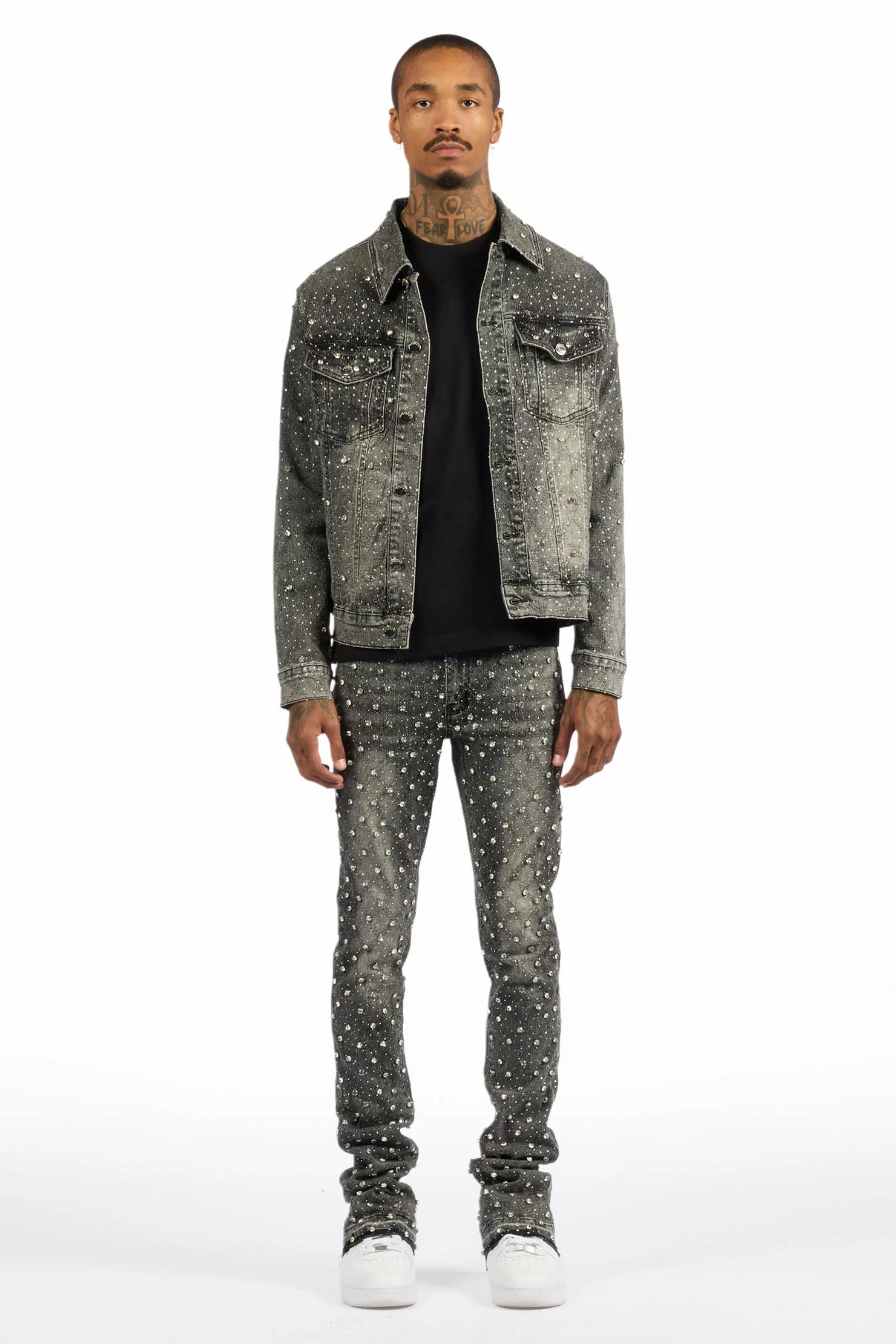 Glit Dark Grey Rhinestone Denim Jacket/Stacked Flare Jean Set