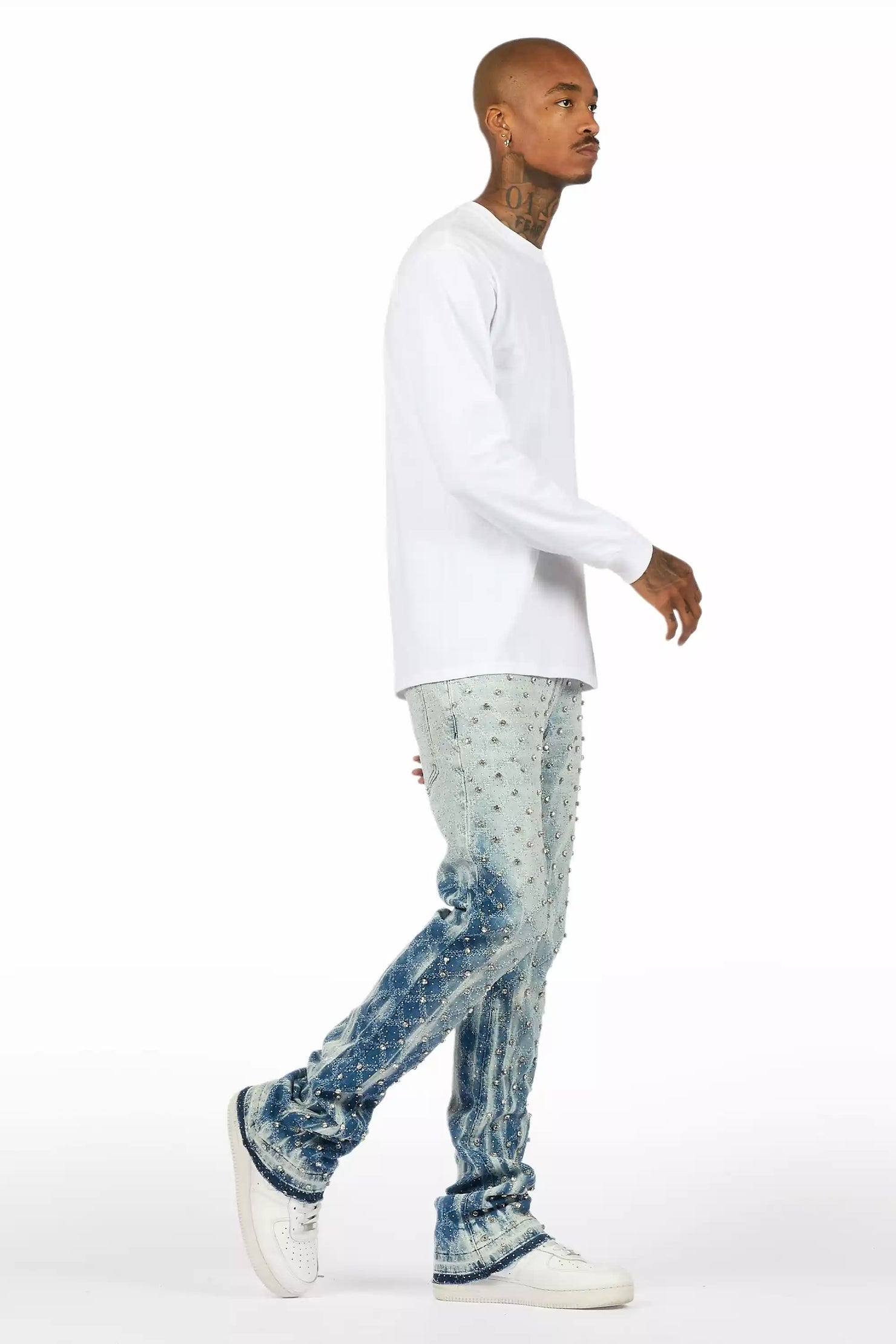 Glit Blue Rhinestone Stacked Flare Jean