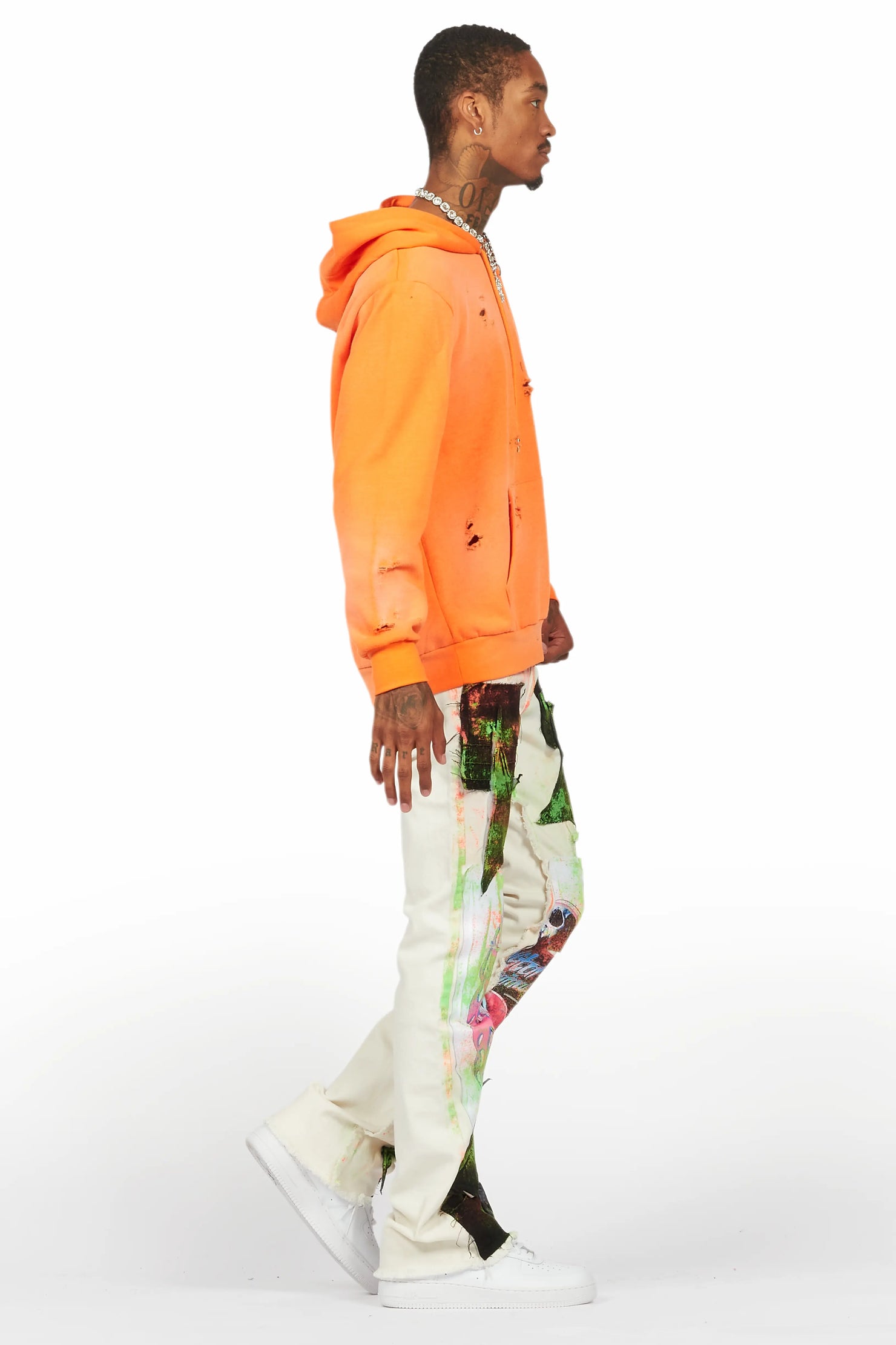 Helki Beige/Green Roller Paint Stacked Flare Jean