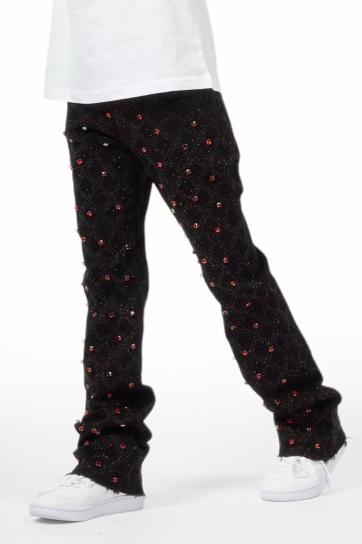 Boys Glit Black/Red Rhinestone Stacked Flare Jean