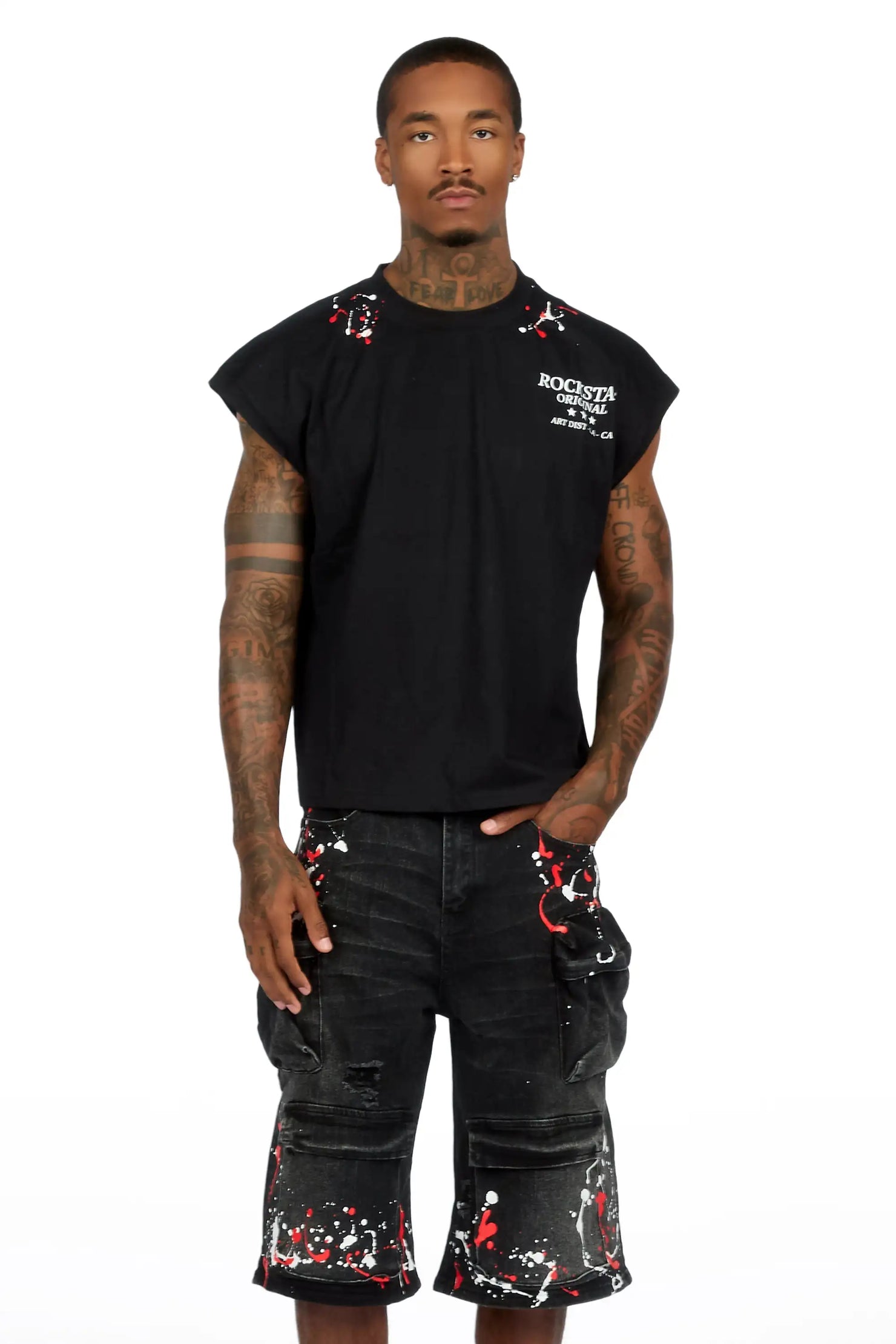 Saxon Black Graphic Cut Sleeve T-Shirt Denim Short Set