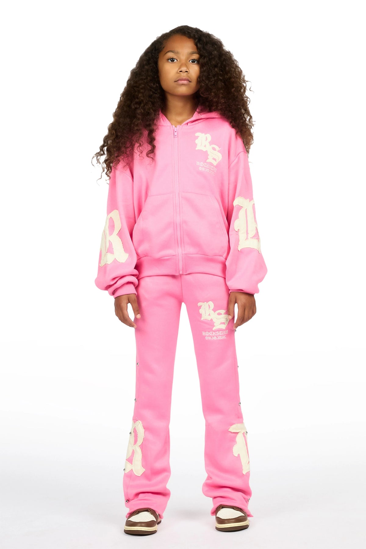 Girls Shironda Bubblegum/Cream Zip Up Hoodie Stacked Track Set