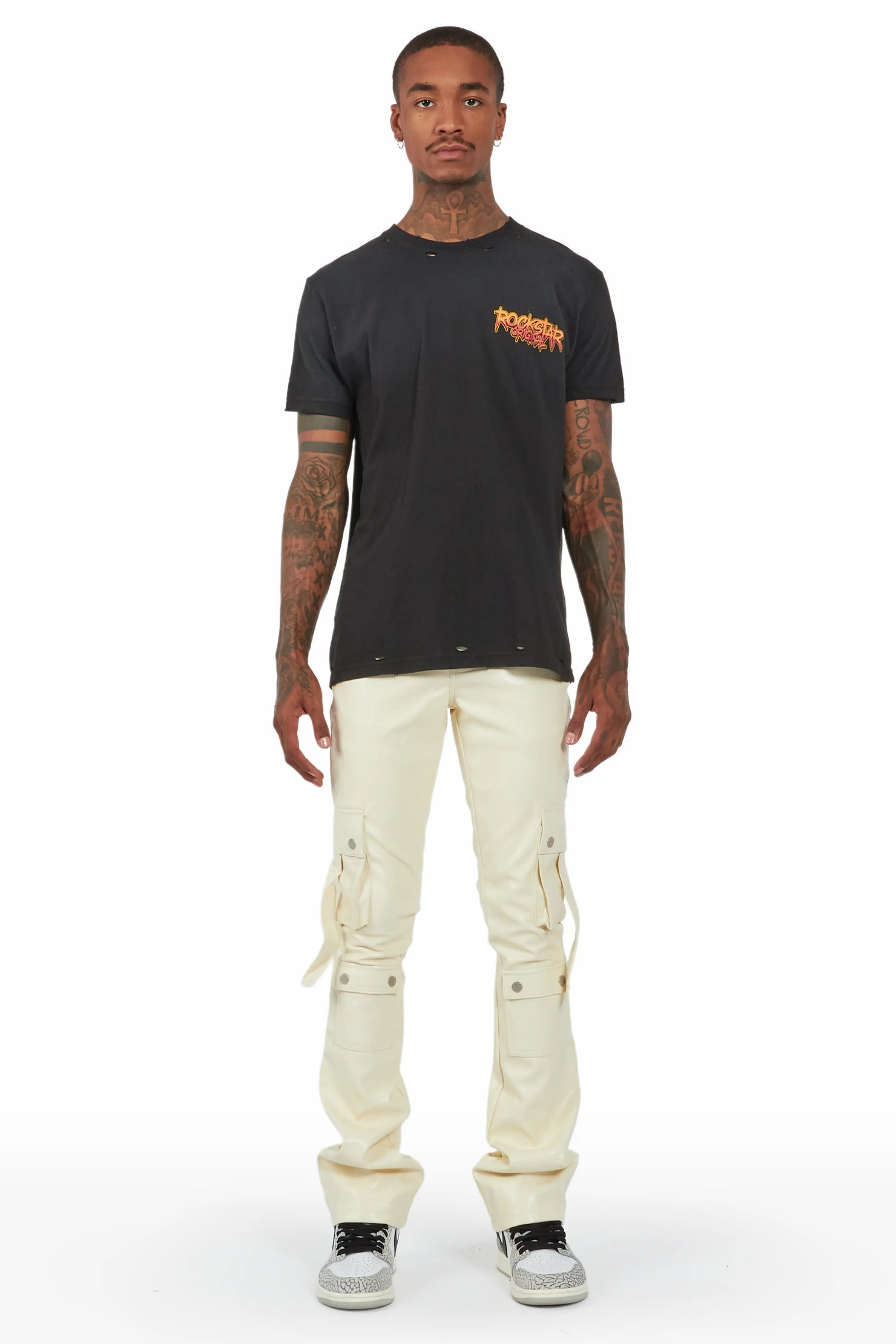 Errol Cream Faux Leather Stacked Cargo Jean