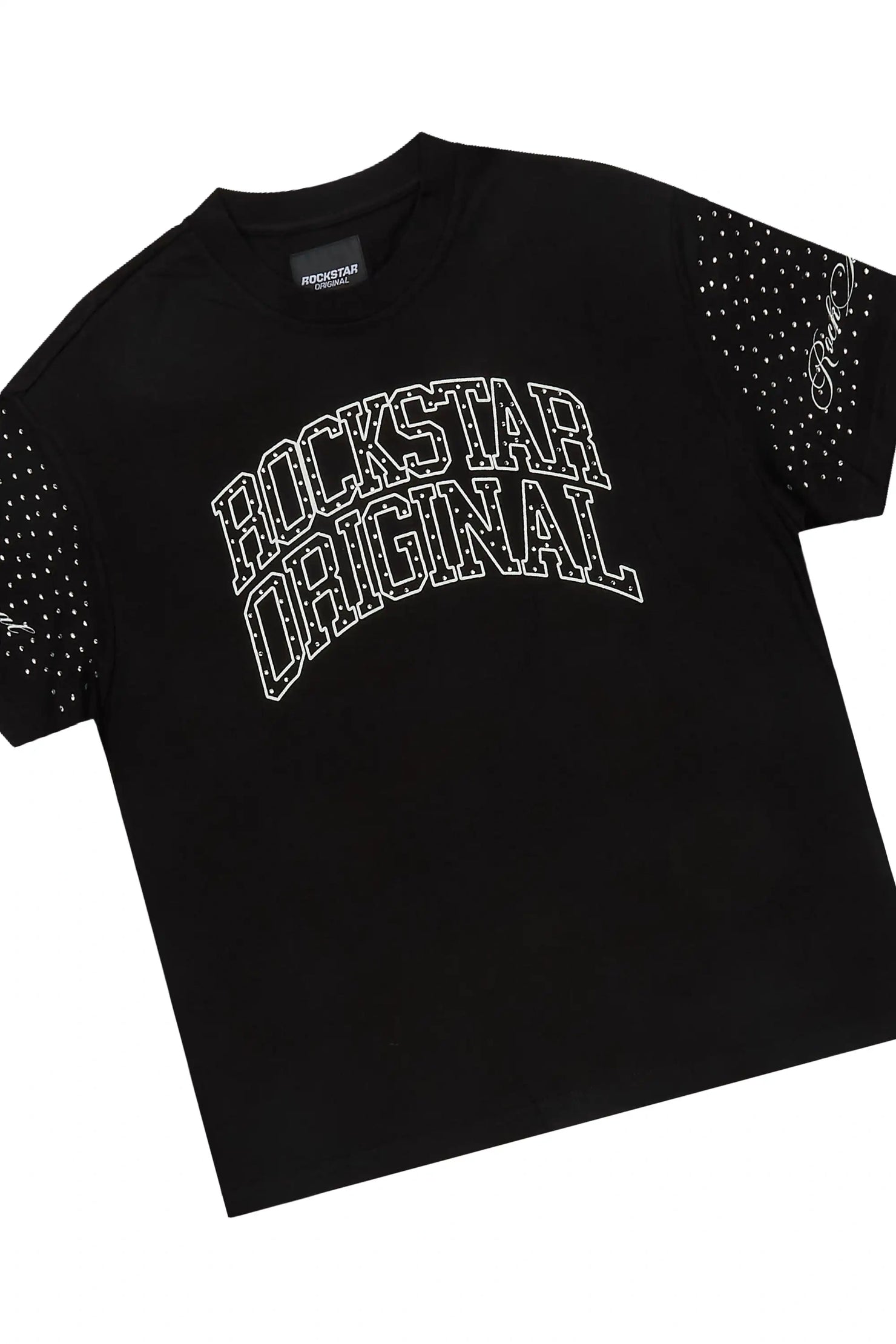 Boys Dripped Black Rhinestone Oversized T-Shirt/Short Set