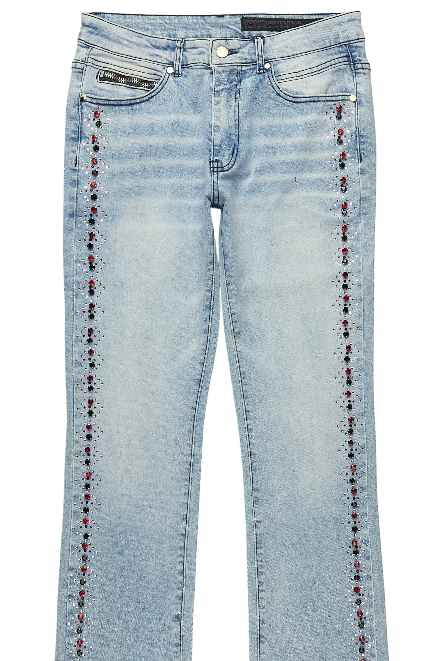 Ozi Rhinestone Light Blue Stacked Flare Jean