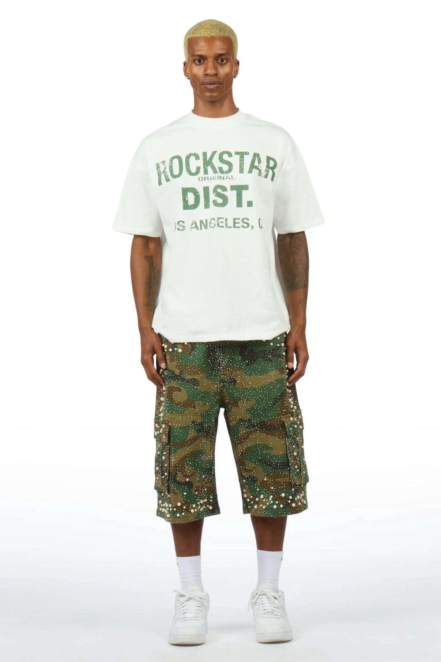 Sevyn White/Camo Rhinestone T-Shirt Denim Jort Set