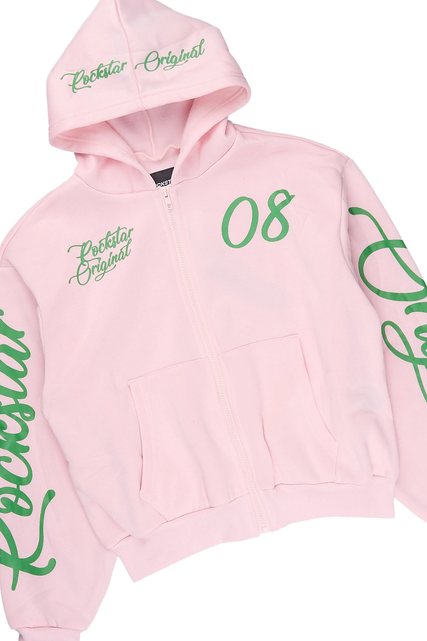 Girls Hanifa Light Pink/Green Zip Up Hoodie Relaxed Pant Track Set