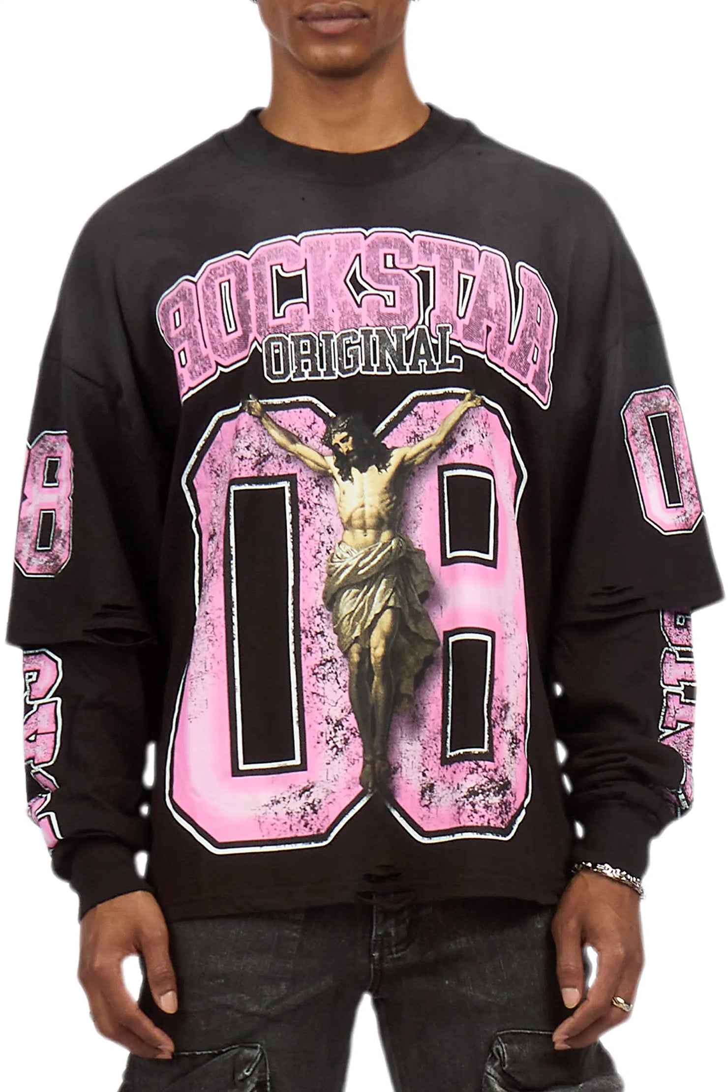 Fields Black/Pink Double Layer Long Sleeve Graphic T-Shirt