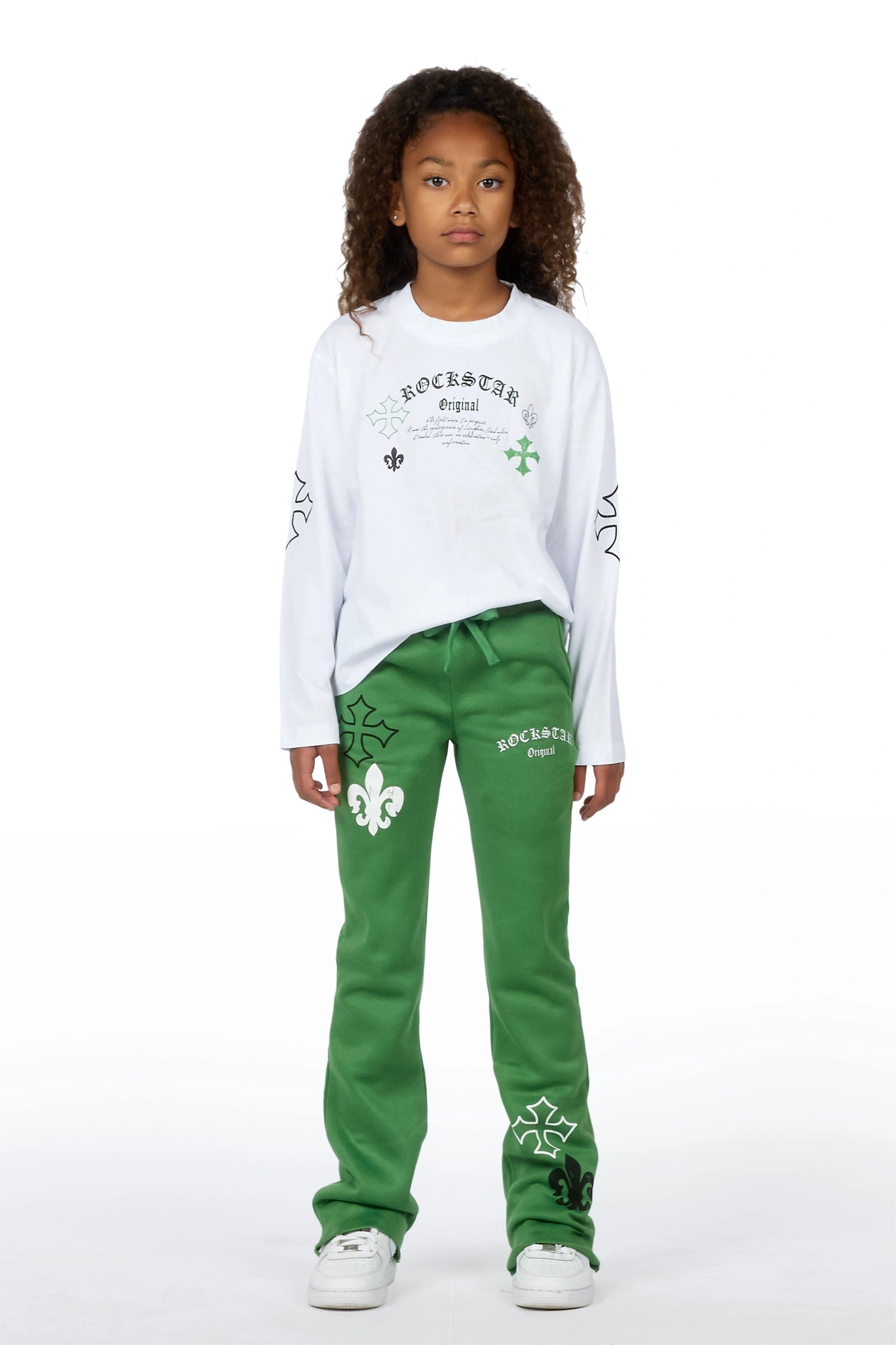 Girls Deshunique White/Olive Long Sleeve T-Shirt Track Set