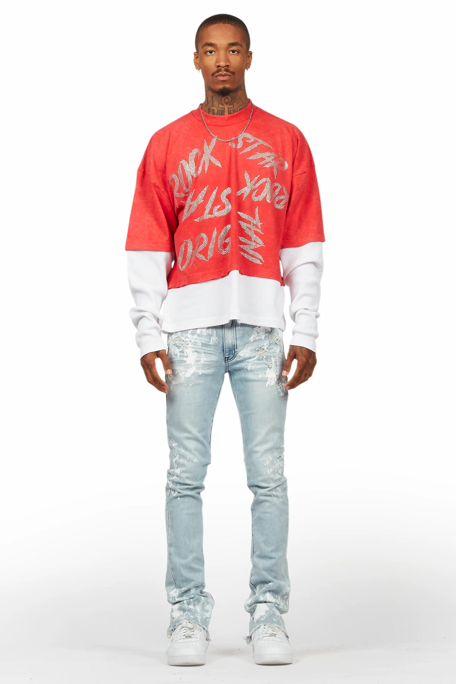 Bence Vintage Red Thermal Double Layer Boxy Crop T-Shirt