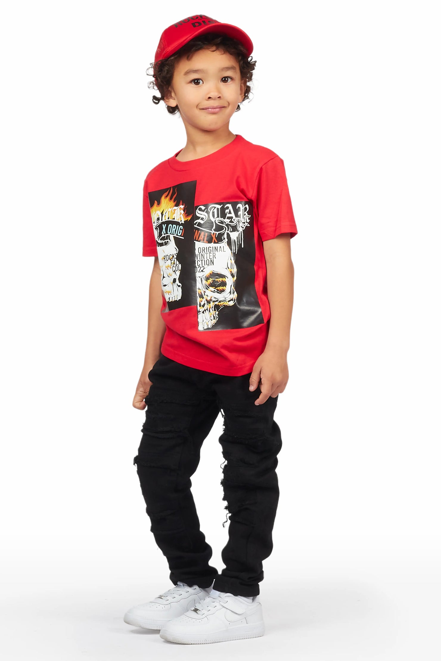 Boys Zaci Red/Black T-Shirt/Frayed Jean Set