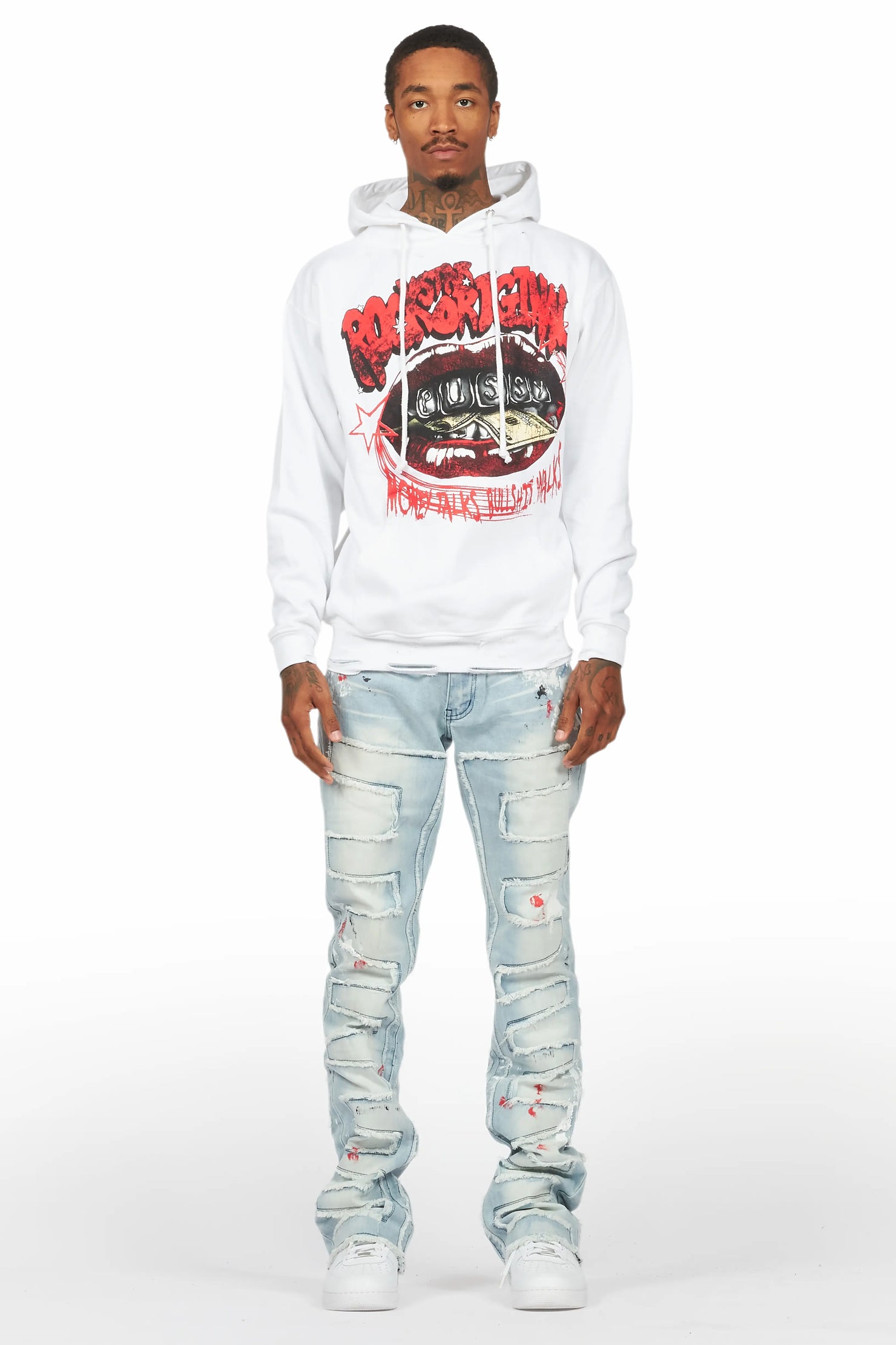 Bloke White/Blue Hoodie/Stacked Flare Jean Bundle