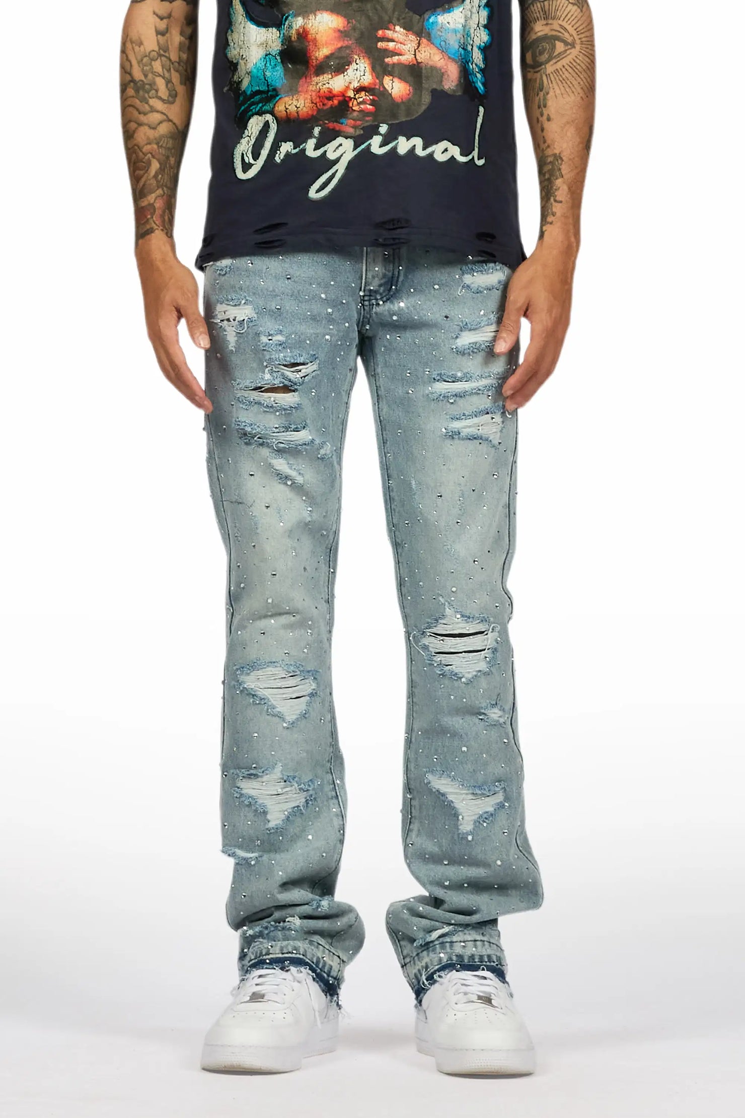 Stunt Blue Rhinestone Stacked Flare Jean