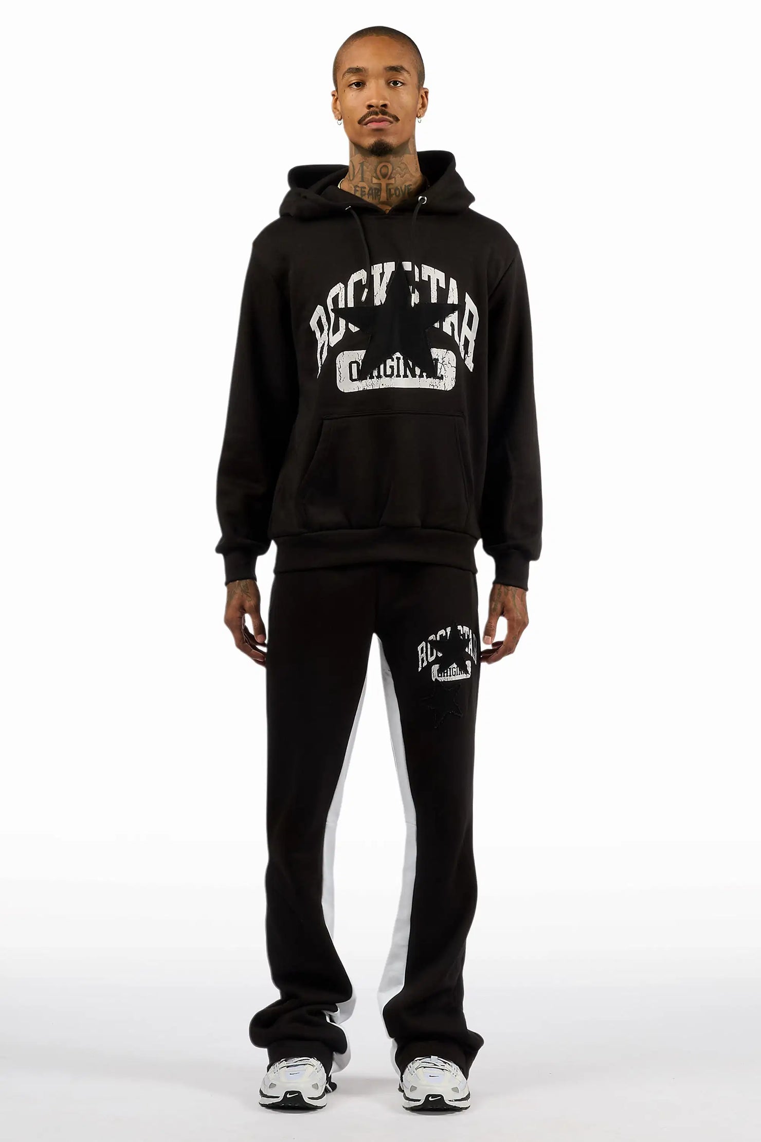 Mallor Black Hoodie Stacked Flare Track Set