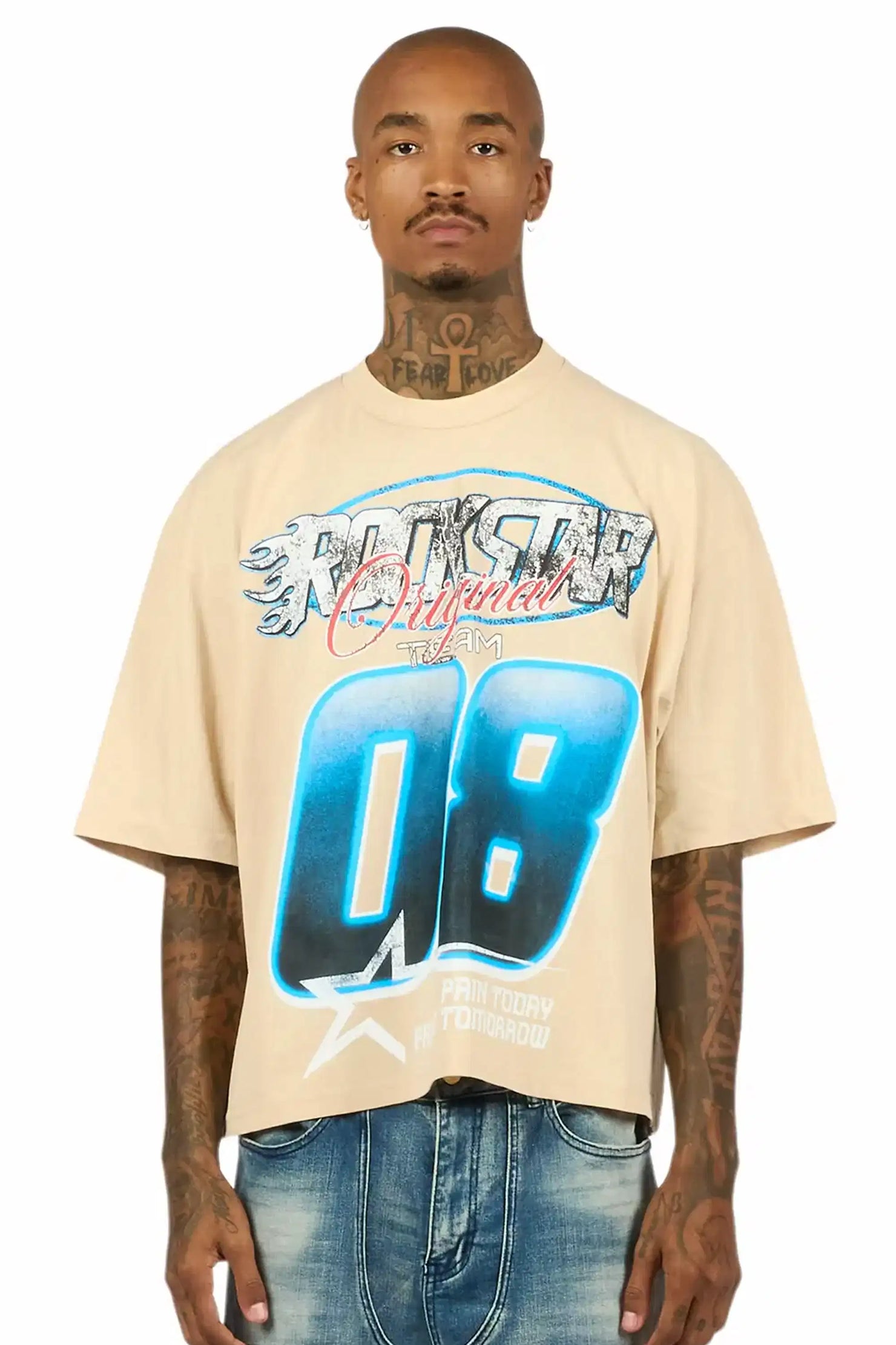 Ryker Beige/Blue Boxy Crop T-Shirt