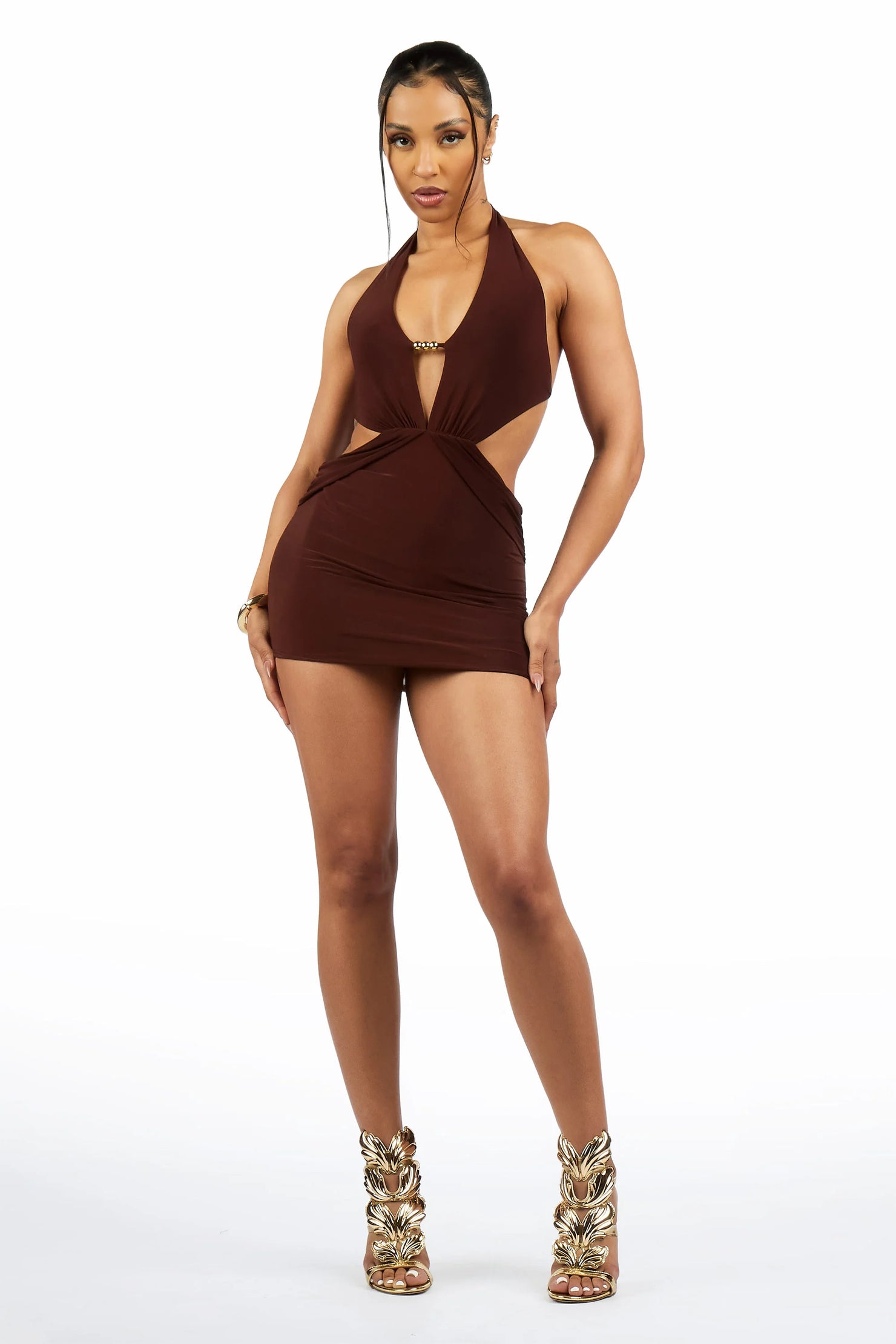 Gold-Bar Cut-Out Chocolate Mini Dress