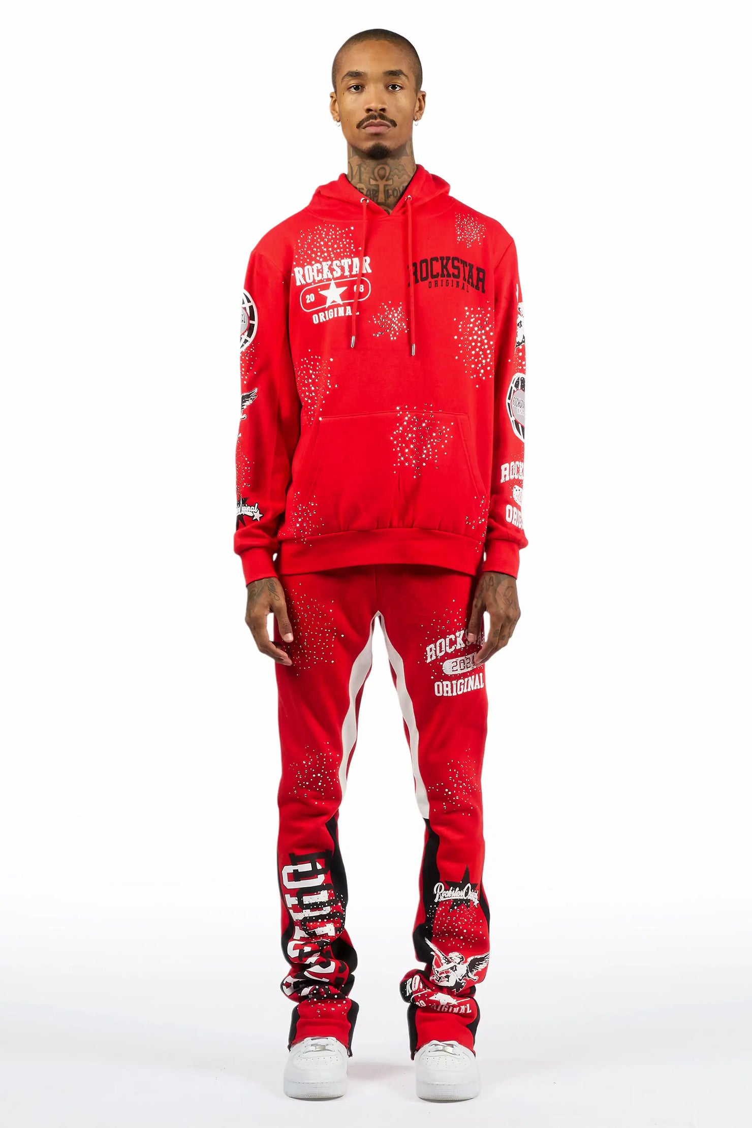 Gutta 2.0 Red Rhinestone Hoodie/Stacked Flare Track Set