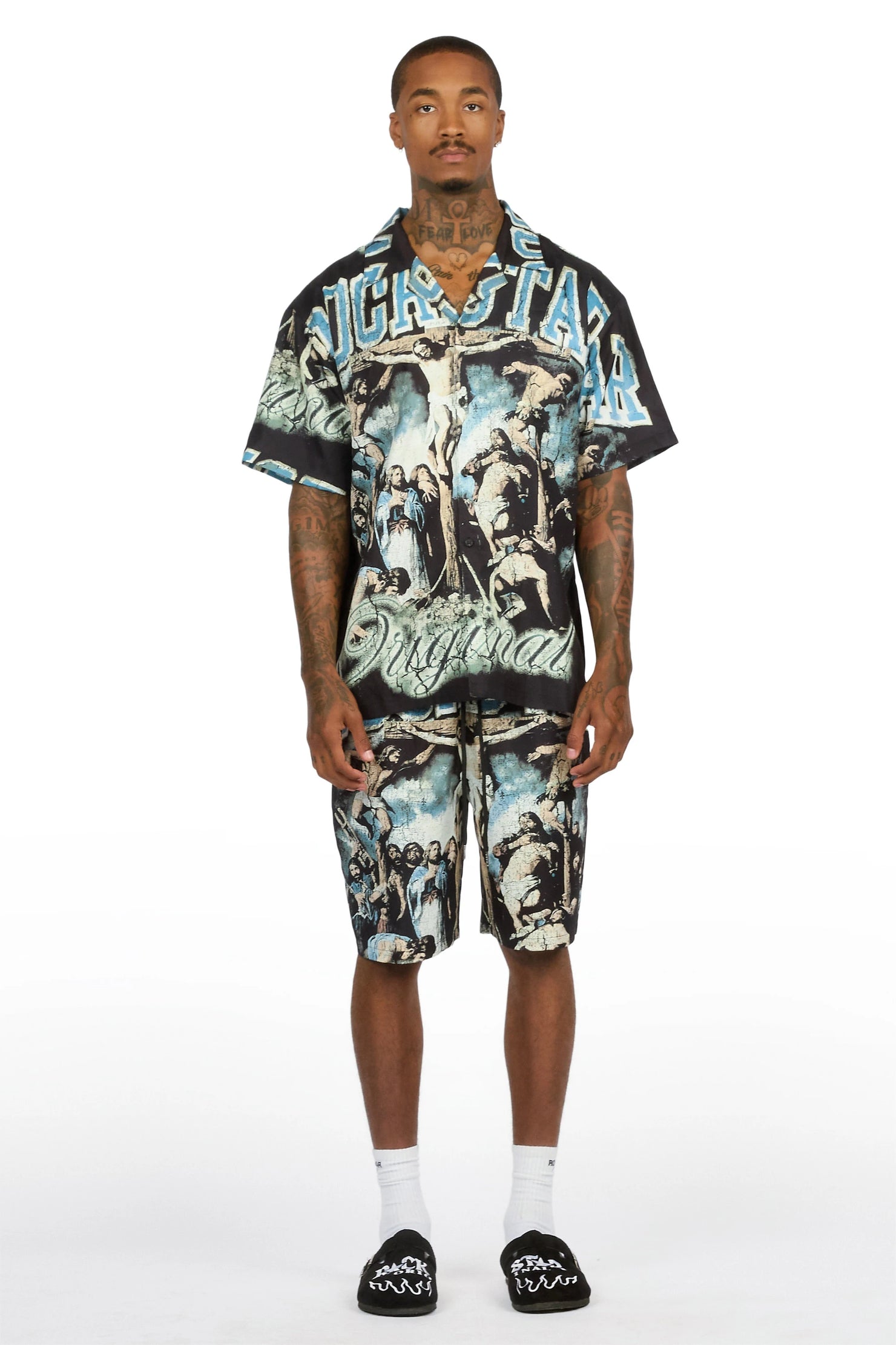 Waller Black Button Down T-Shirt/Short Set
