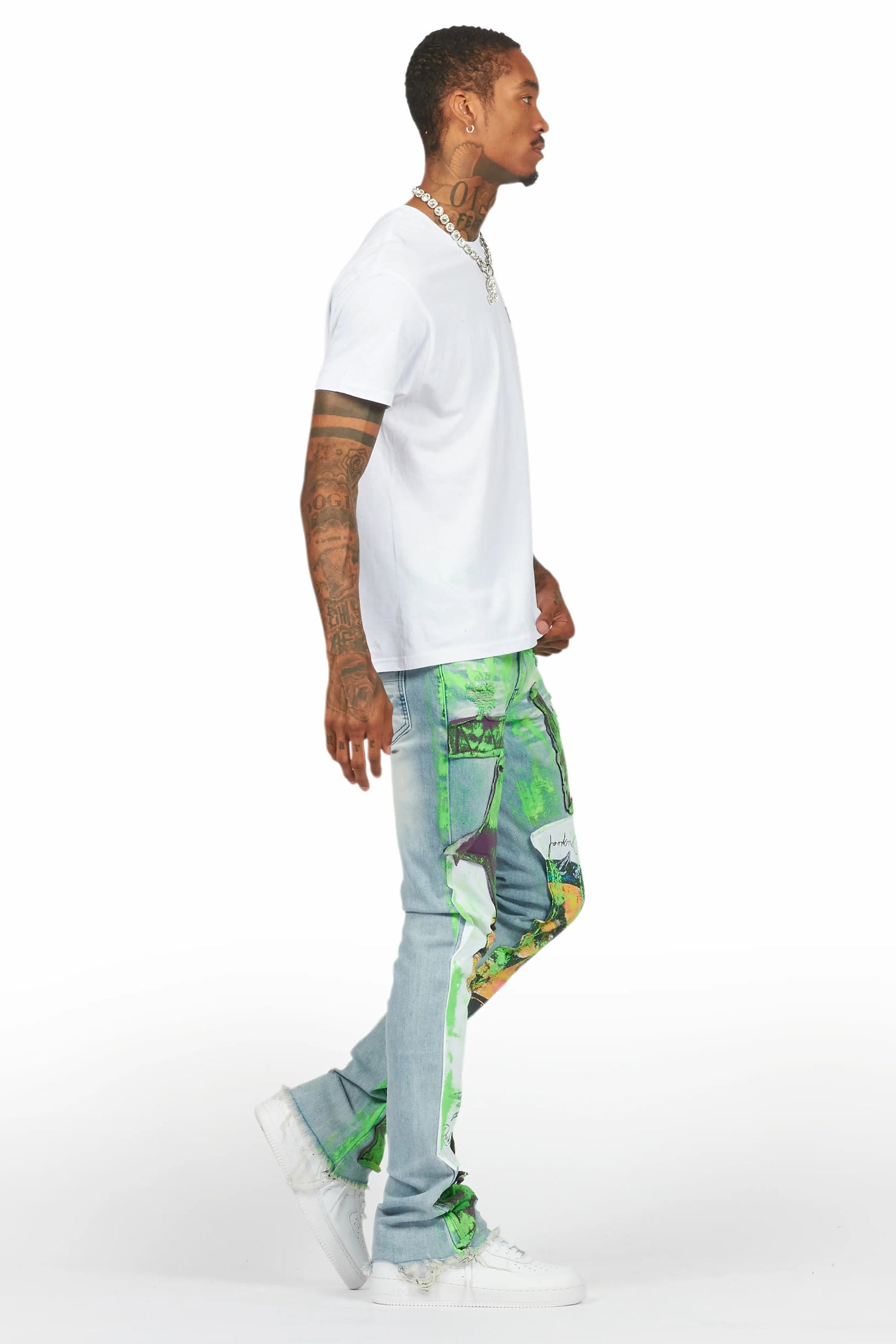 Savier Blue/Green Roller Paint Stacked Flare Jean