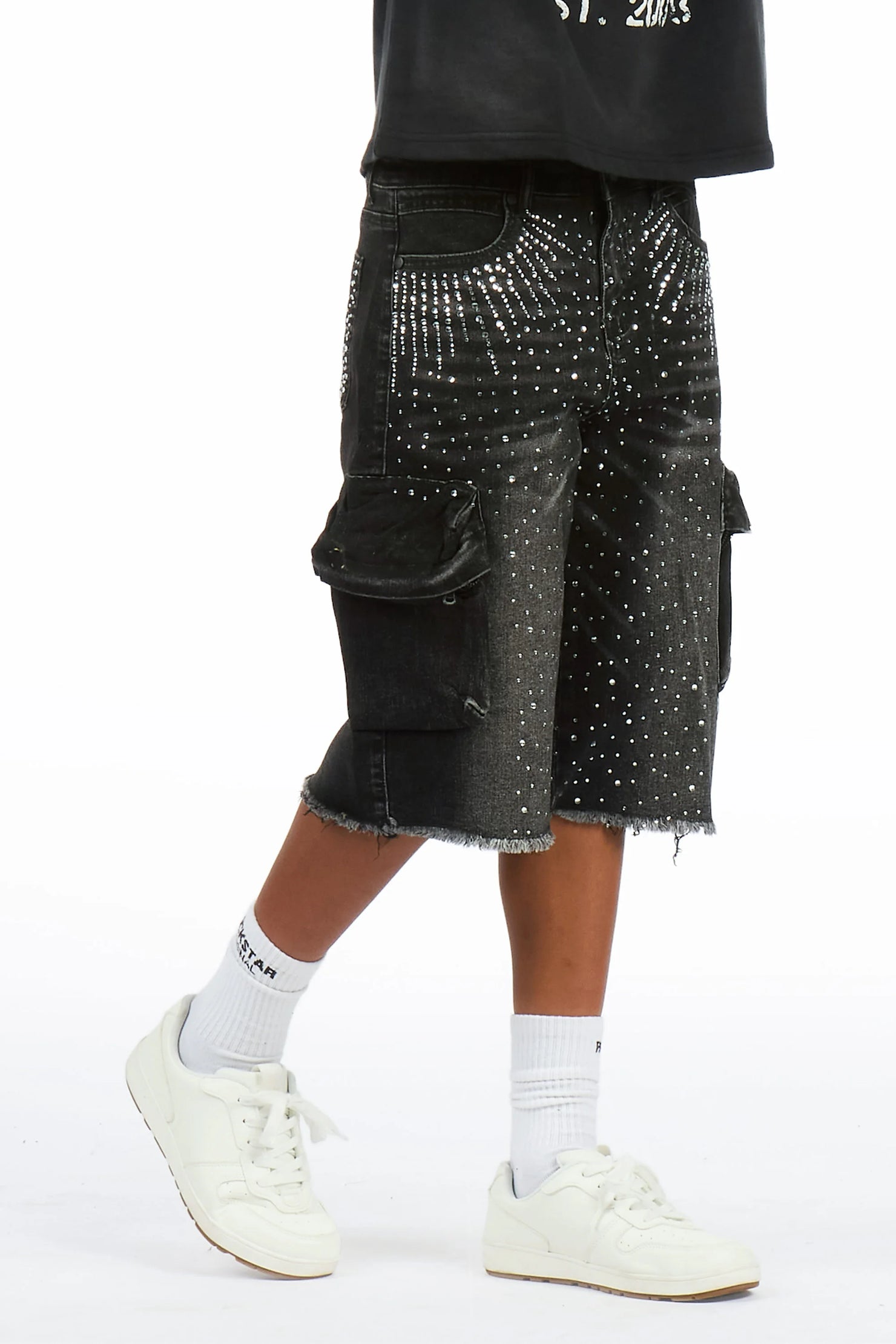 Boys Grand Black Wash Rhinestone Jort