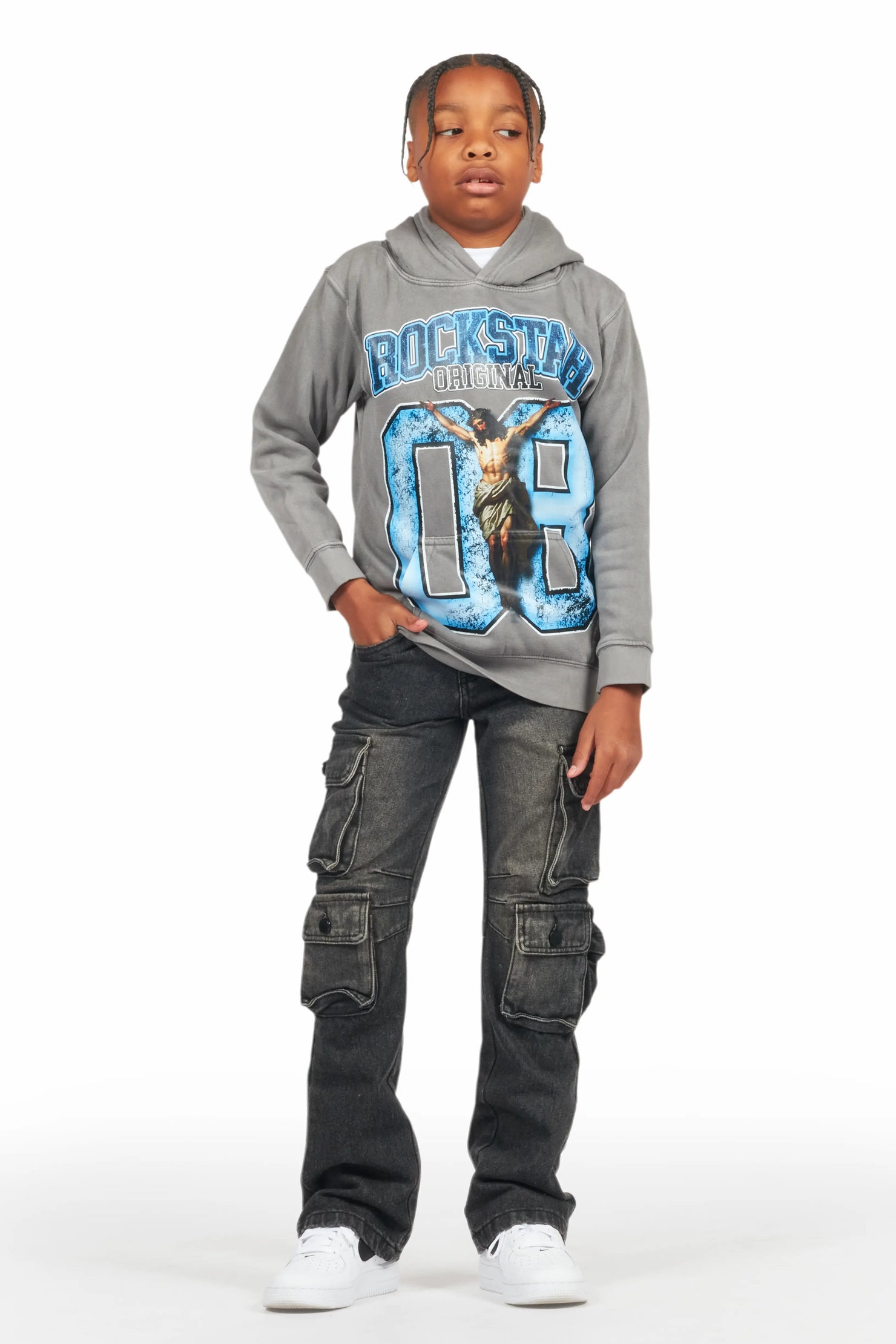 Boys Fields Vintage Grey/Black Hoodie/Stacked Flare Jean Set