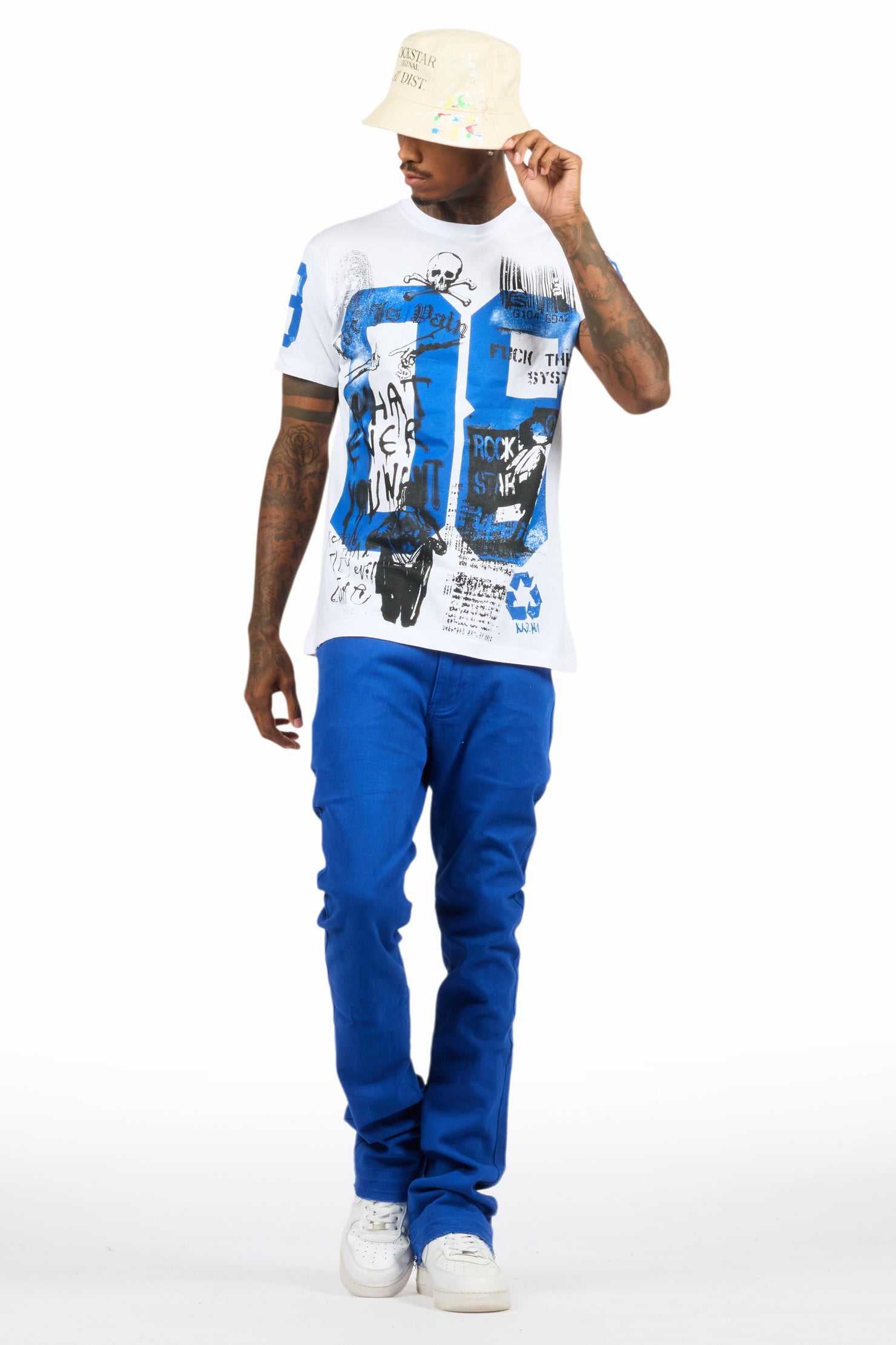 Grill White/Royal Blue Oversized Graphic T-Shirt/Dag Stacked Flare Jean Set