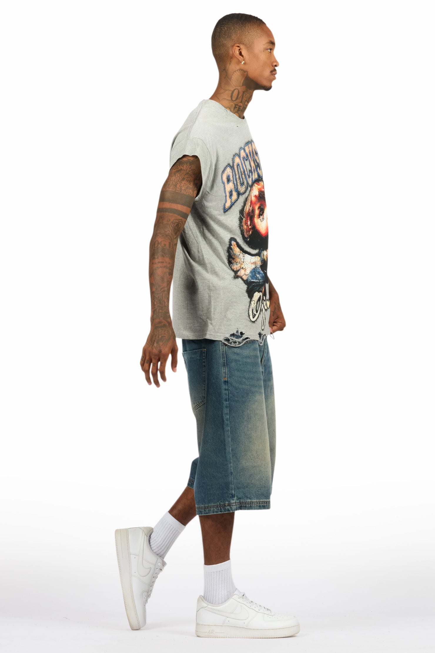 Deiter Heather Grey Muscle Tee/Denim Jort Set