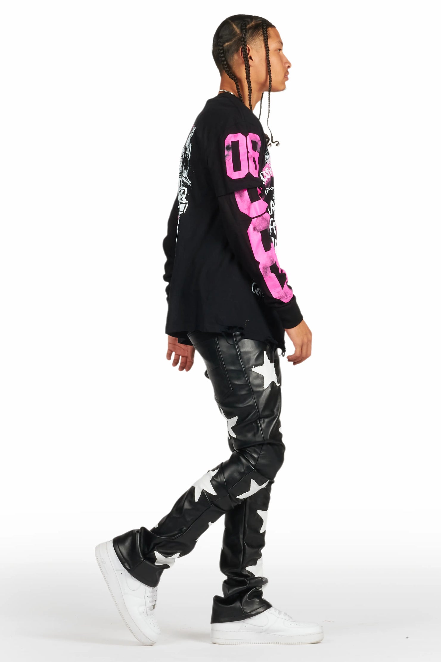 Steen Black PU Stacked Flare Jean