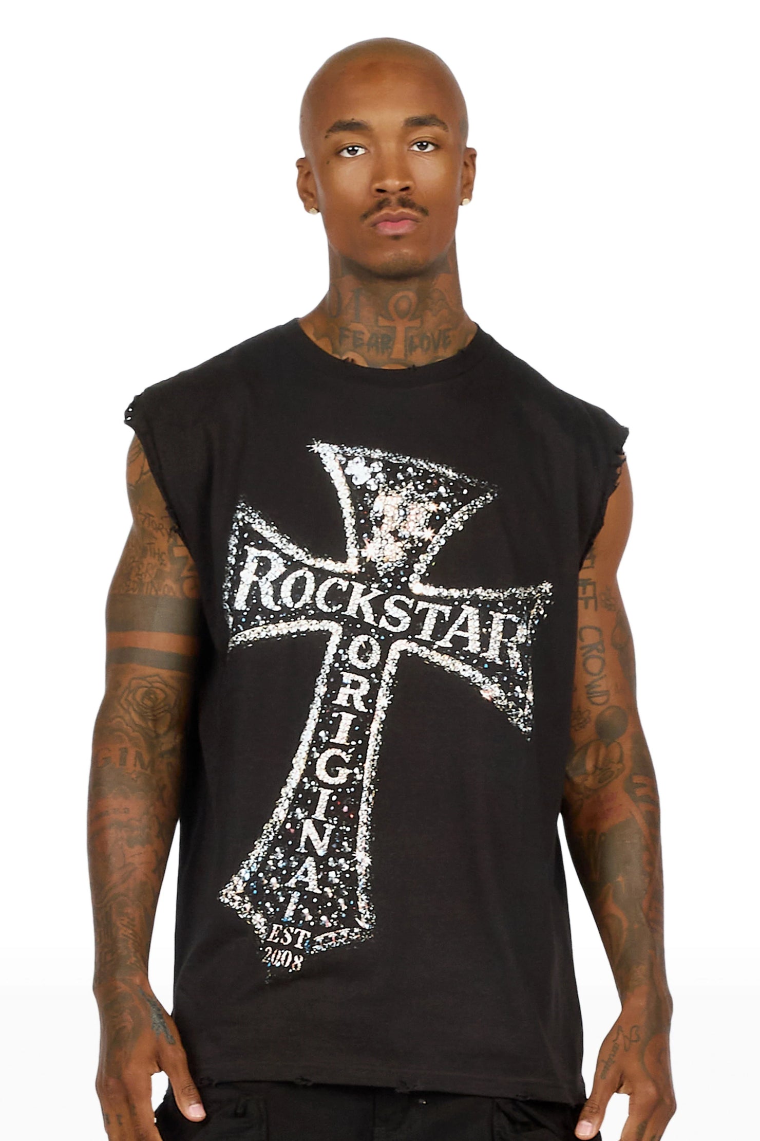 Chazen Black Oversized Cut Off T-Shirt