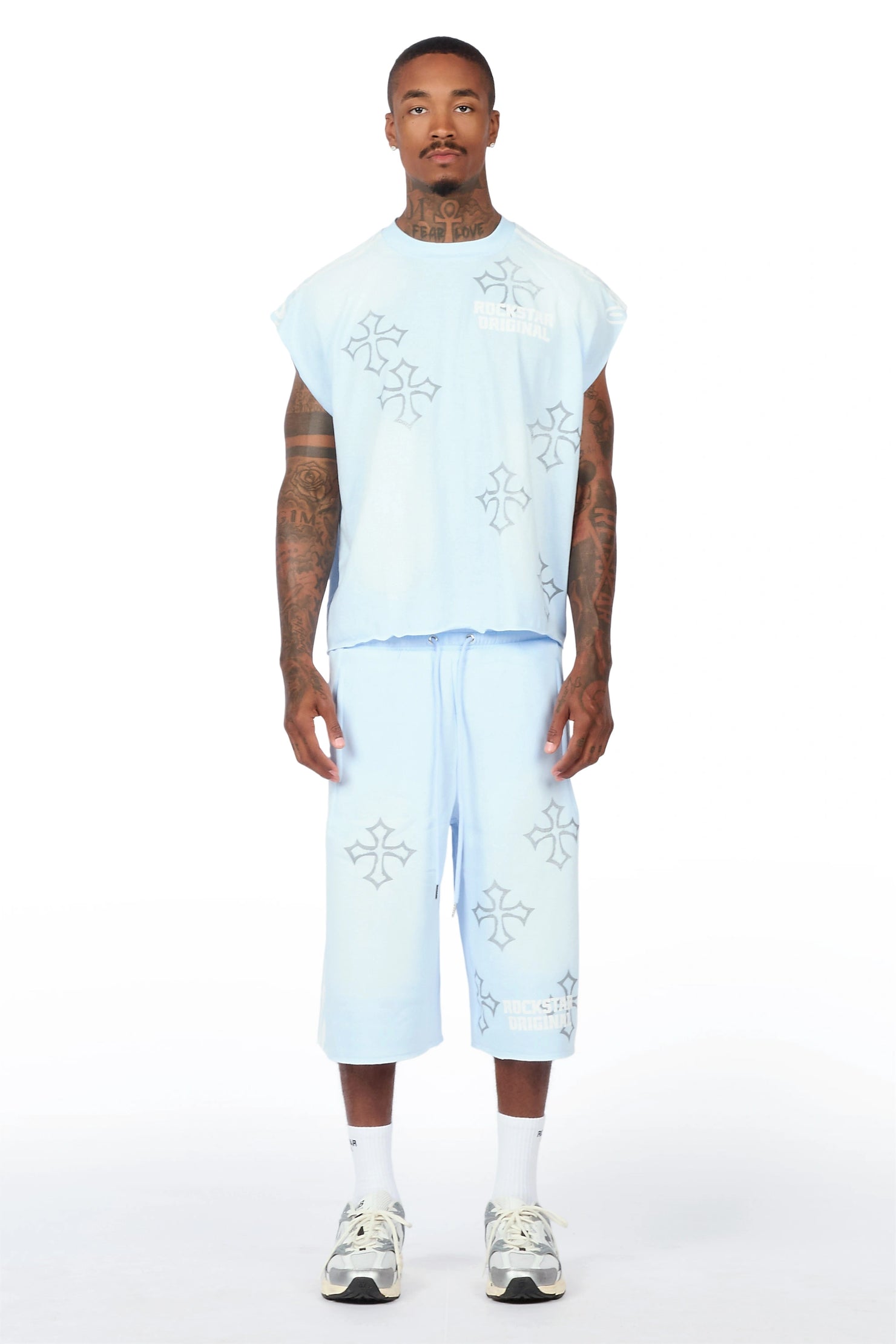 Osso Sky Blue Cut Sleeve T-Shirt Double Waisted Jort Set